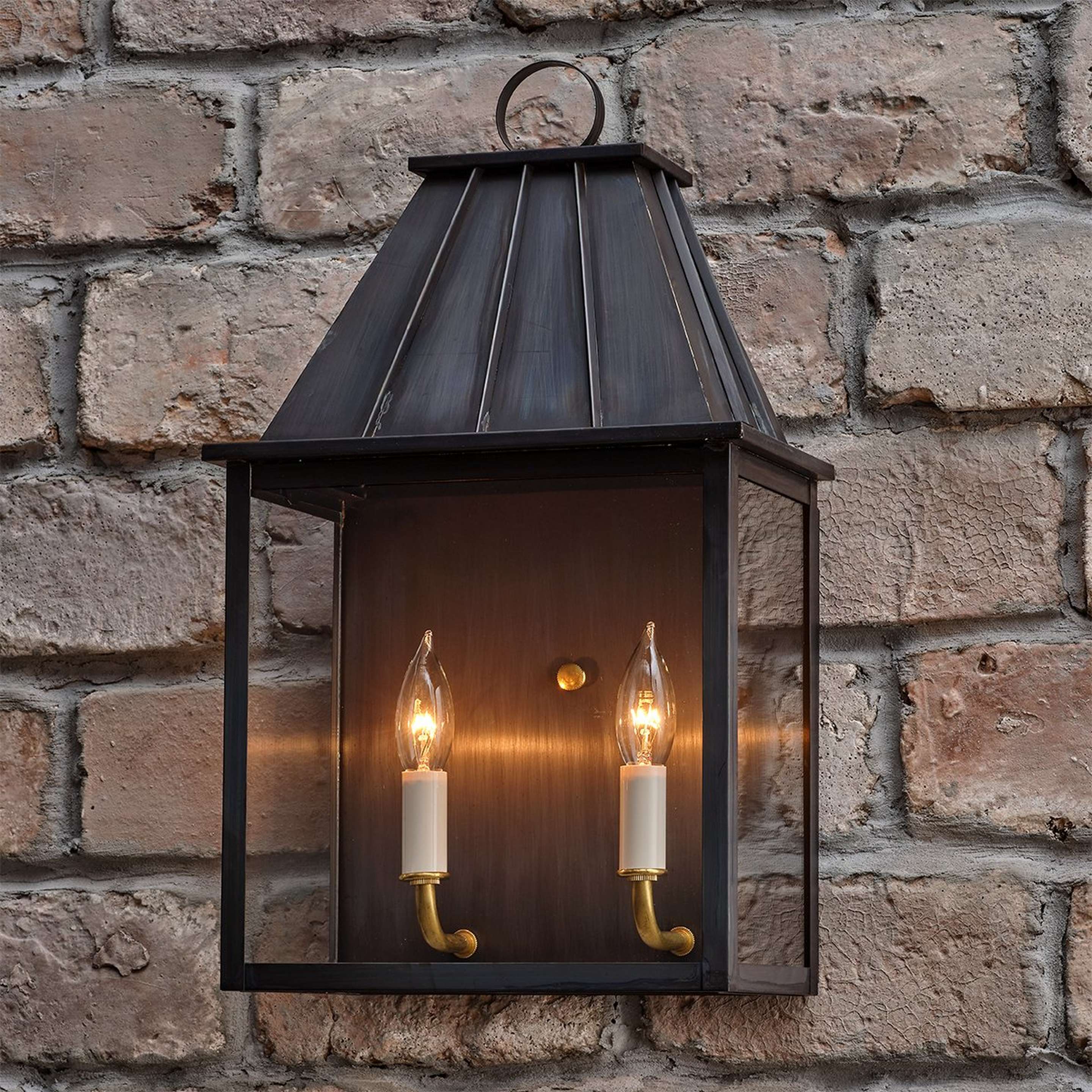 A Colonial Metalcrafts Mansard Outdoor Sconce - Large with Darkened Copper / Clear Glass color