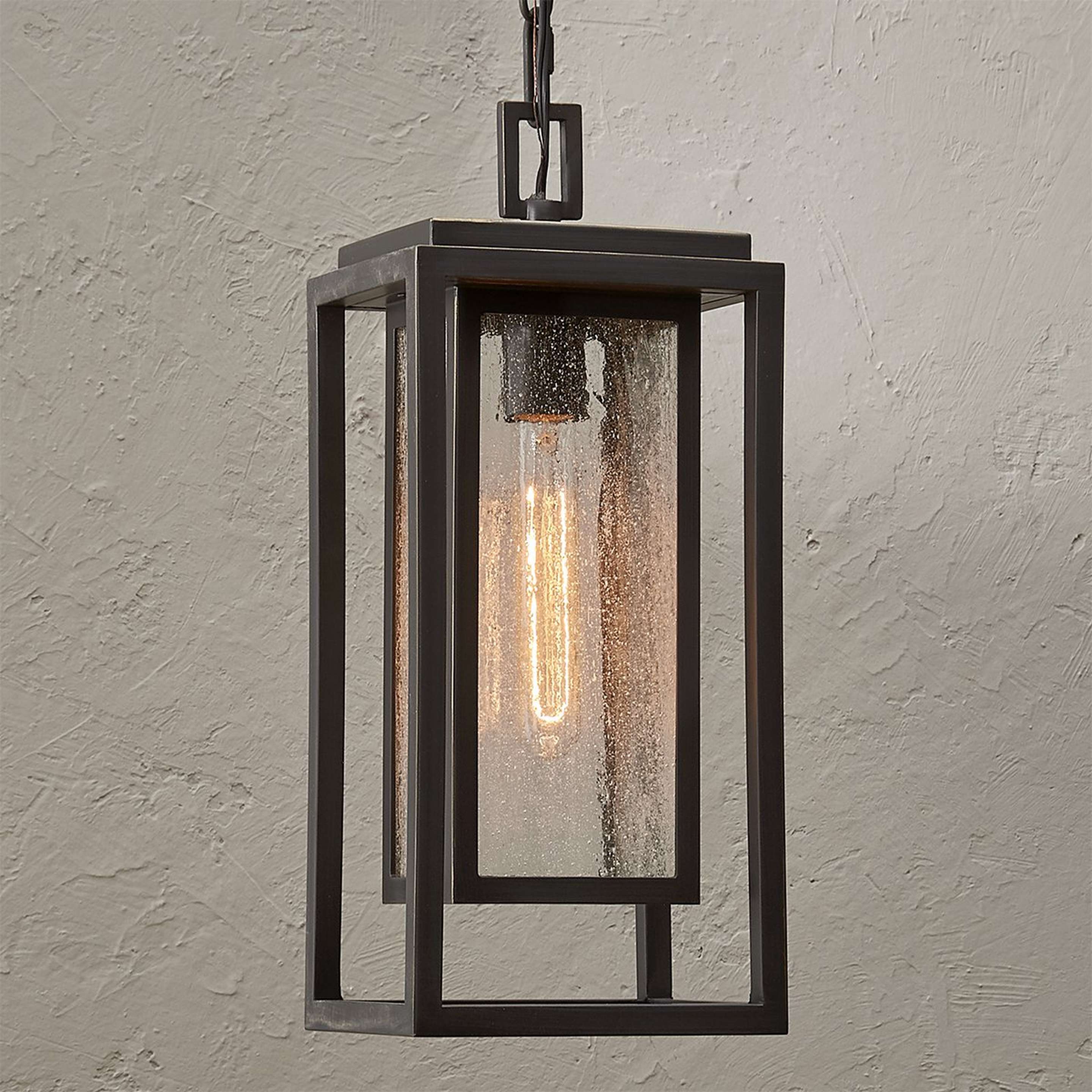 A Frame Squared Outdoor Pendant with Oil Rubbed Bronze / Seeded Glass color