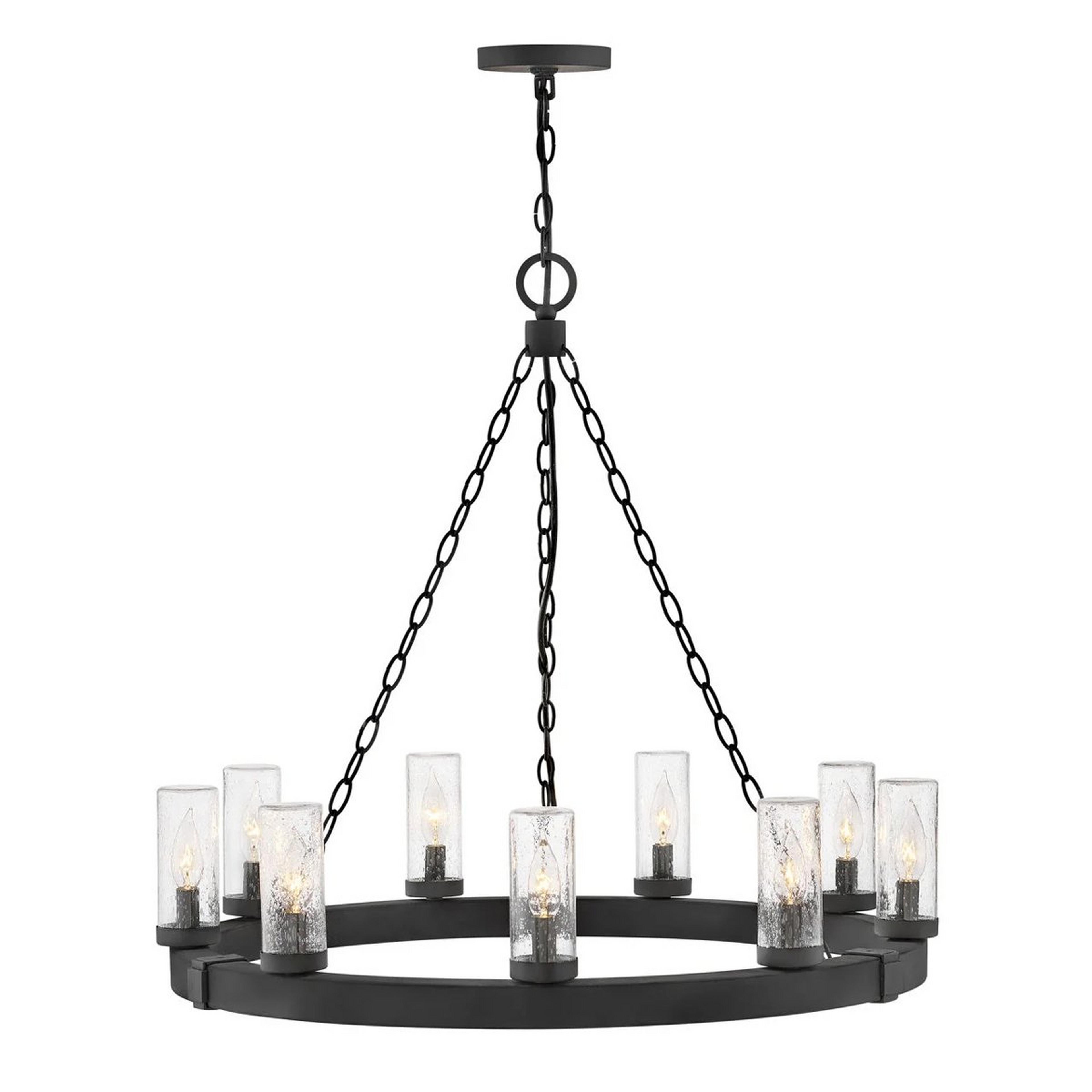 A Seeded Contrast Outdoor Ring Chandelier - 9 Light with Black / Seeded Glass color