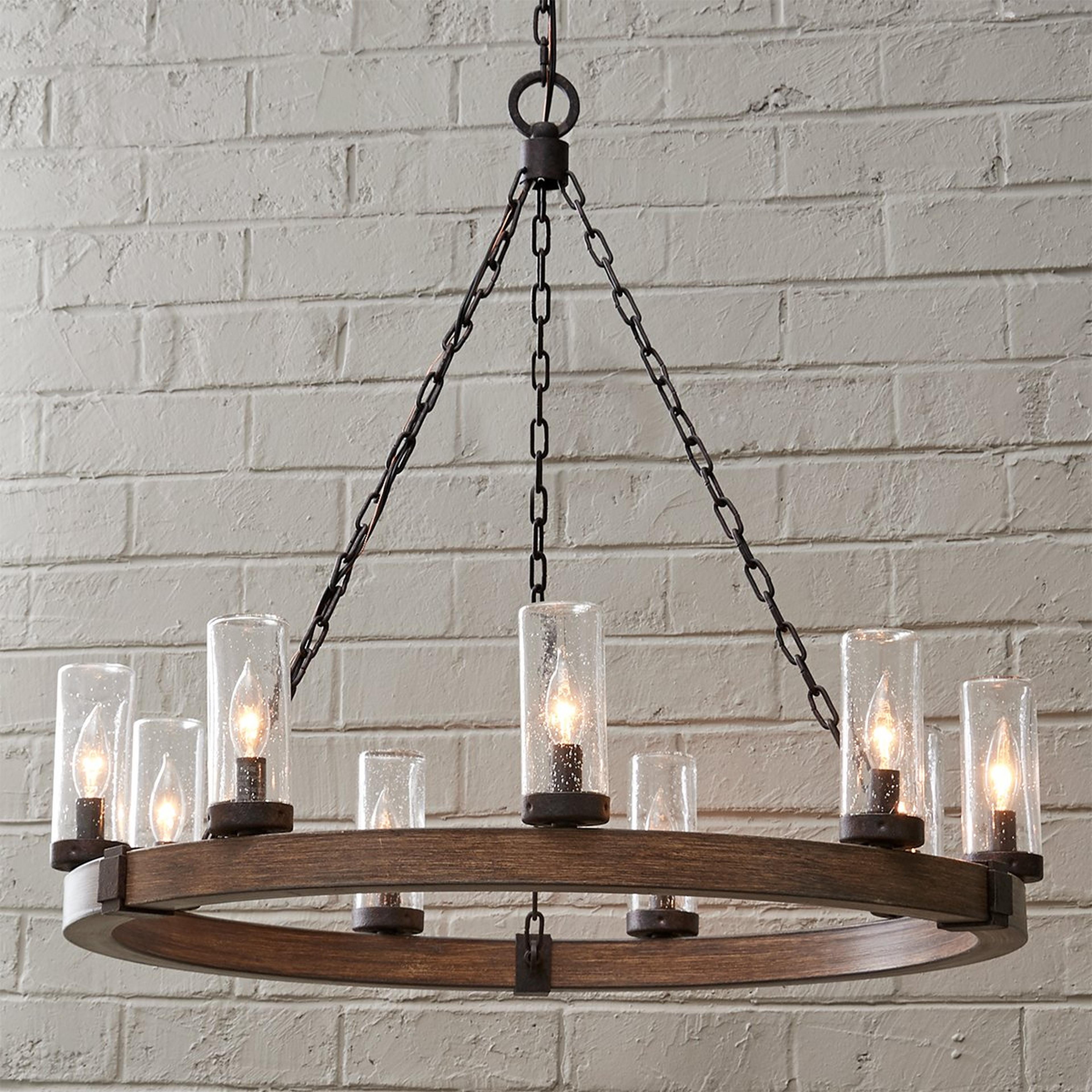 A Seeded Contrast Outdoor Ring Chandelier - 9 Light with Black / Faux Sequoia color