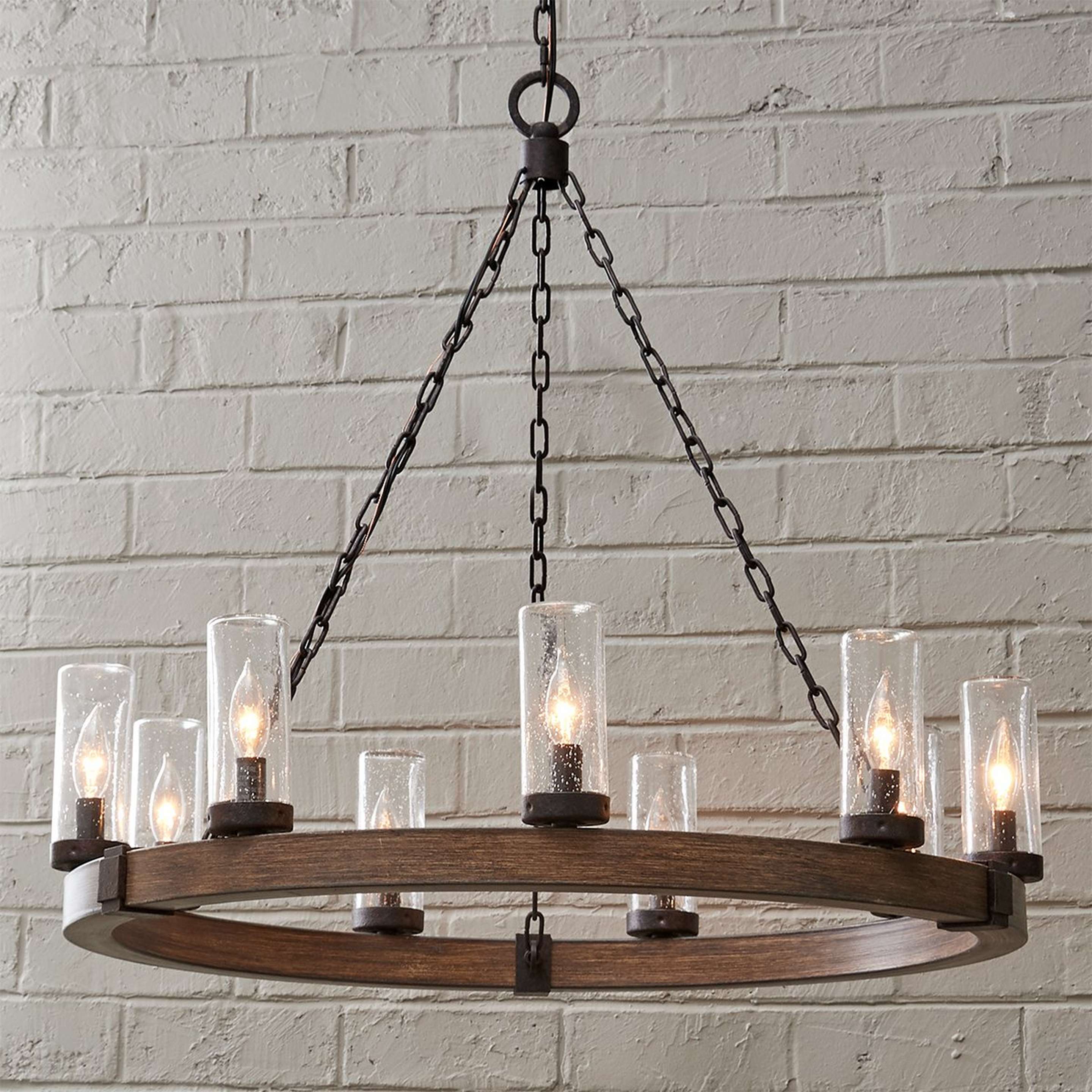 A Seeded Contrast Outdoor Ring Chandelier - 9 Light with Black / Faux Sequoia color