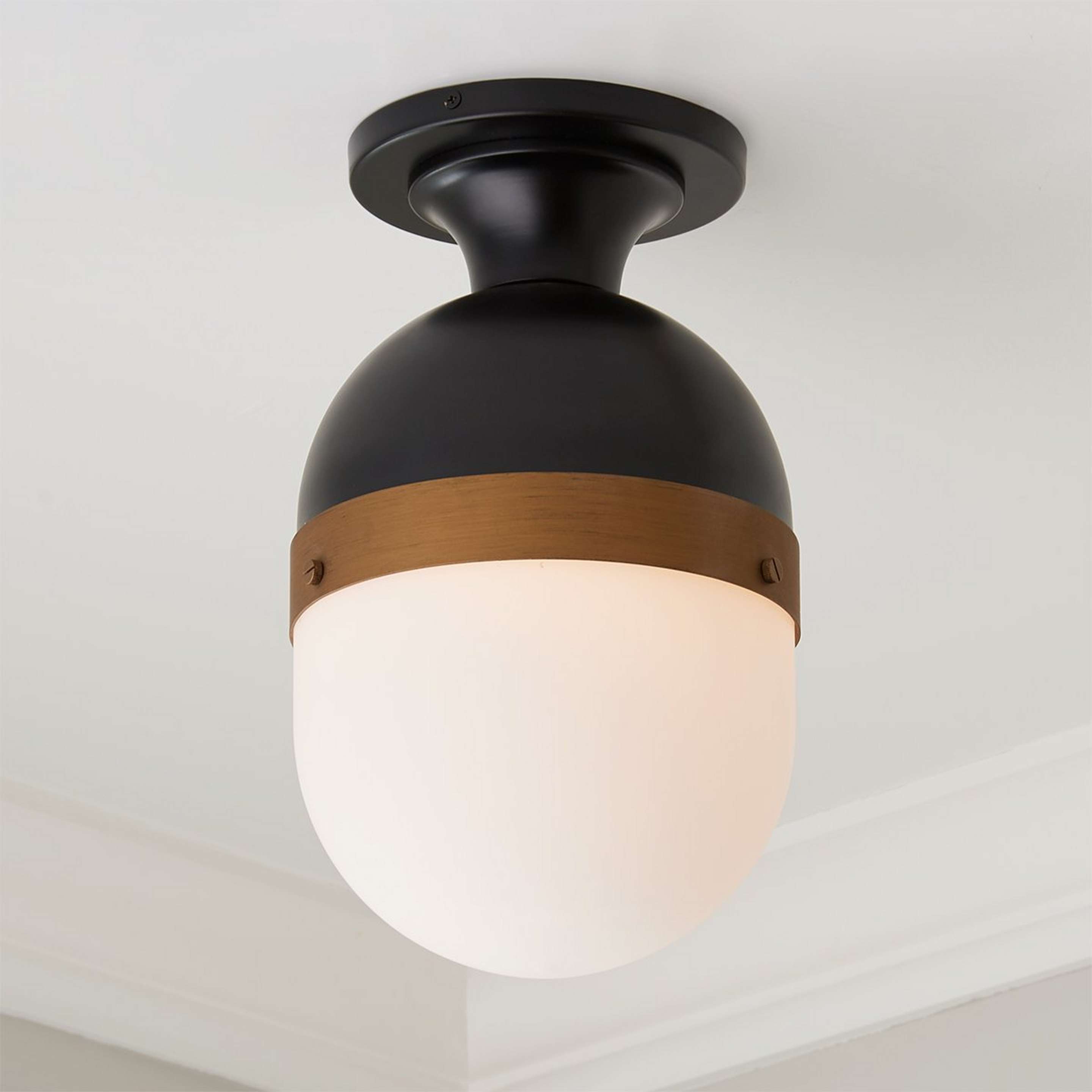 A Tri Band Outdoor Semi Flush Ceiling Light with Matte Black / White / Textured Gold color