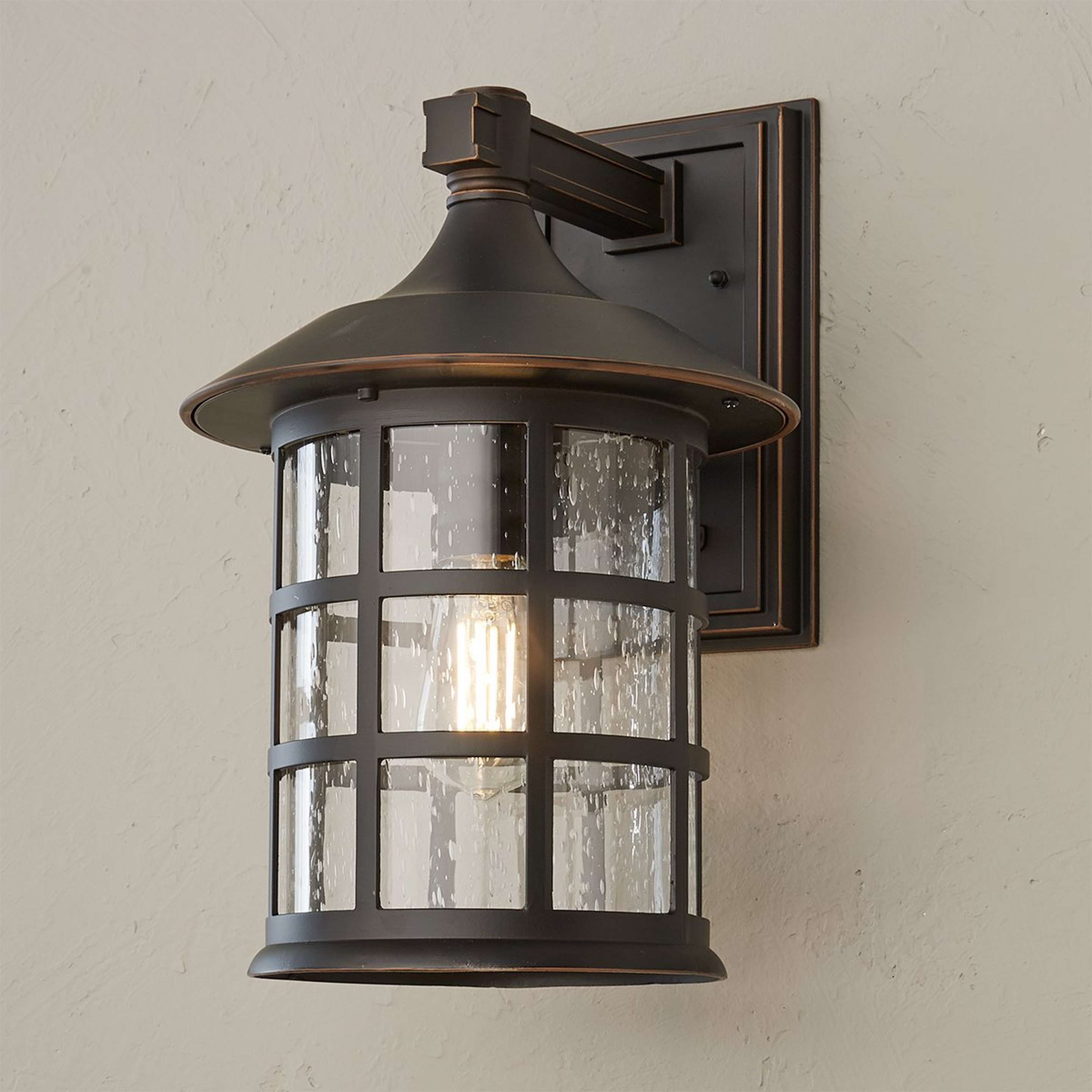 A Bar Harbor Outdoor Sconce - Large with Oil Rubbed Bronze / Seedy Glass color