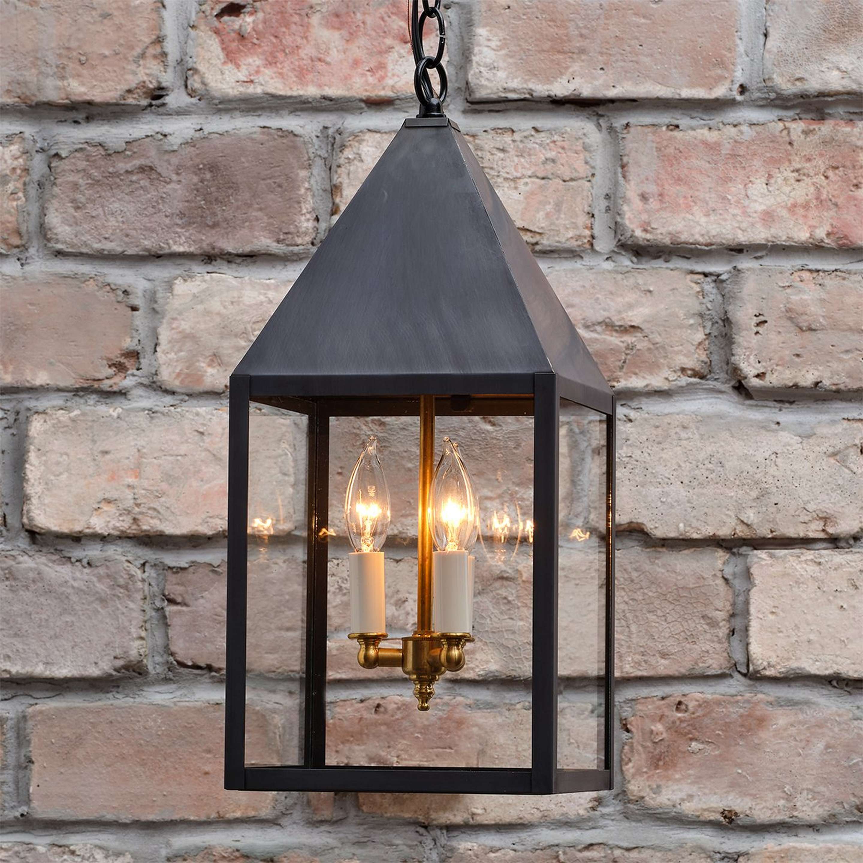 A Colonial Metalcrafts Cape Outdoor Lantern with Darkened Copper / Clear Glass color