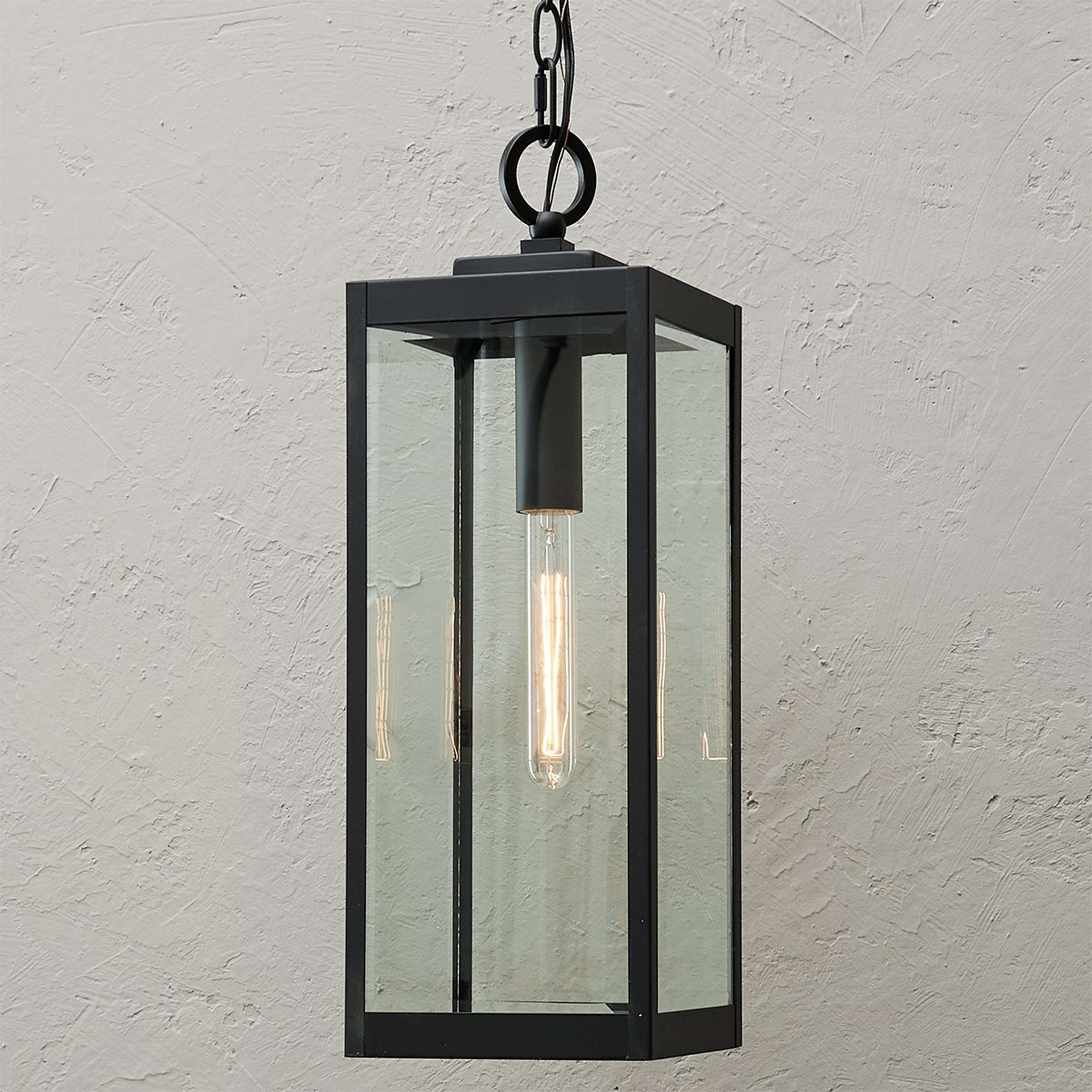 A Maddox Beveled Outdoor Hanging Lantern with Black / Clear Beveled Glass color