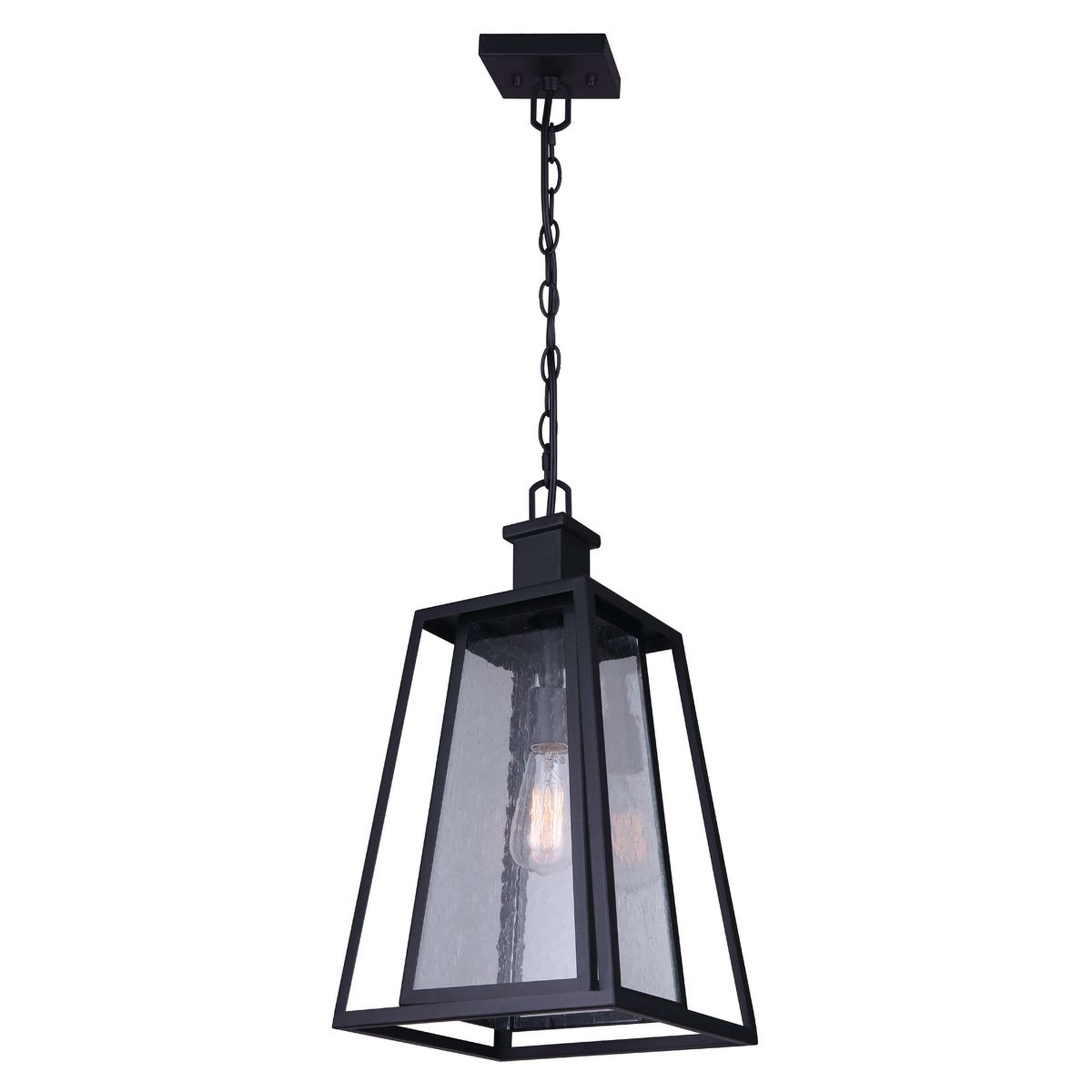 A Exton Outdoor Hanging Lantern with Matte Black / Seedy Glass color