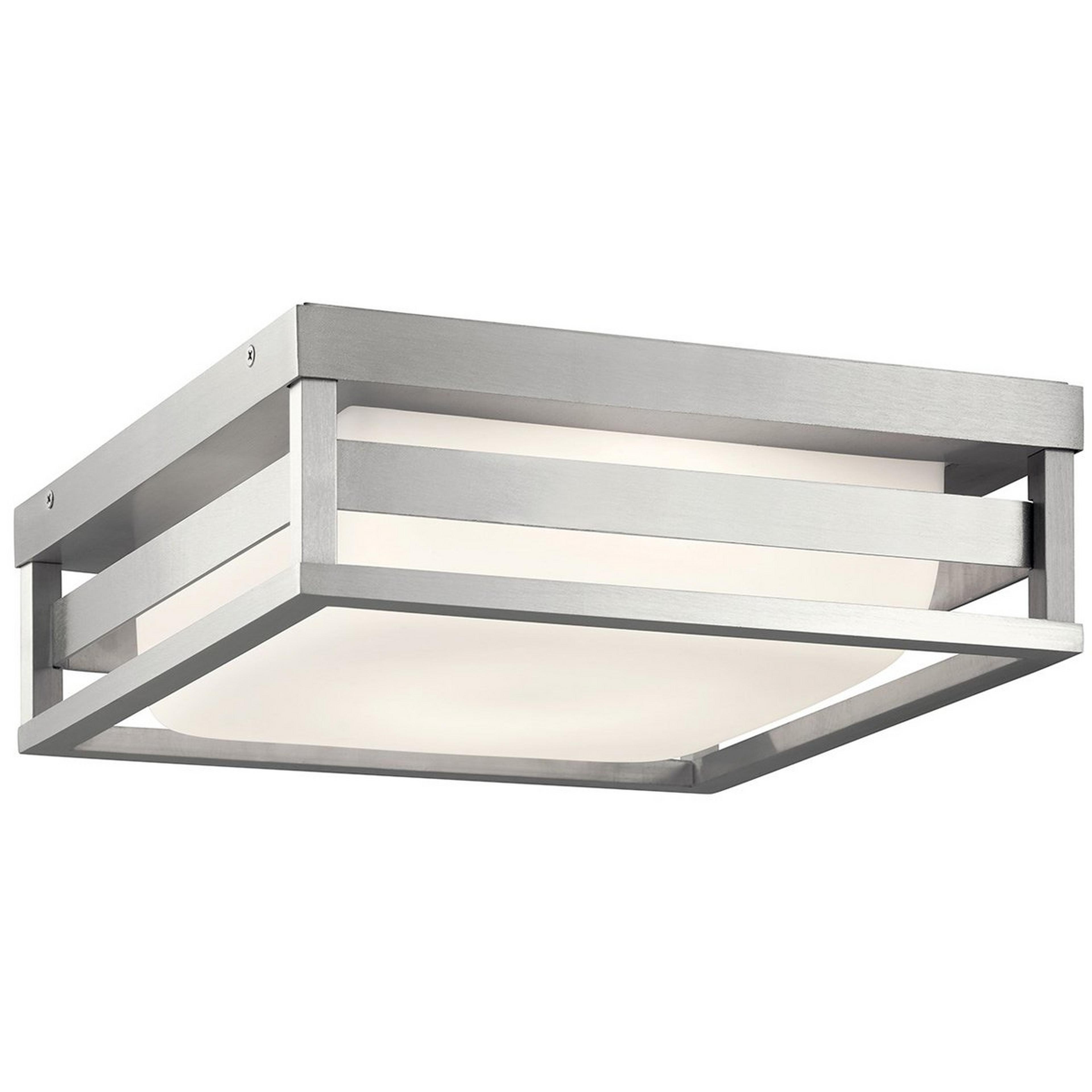 A Skylar Banded Outdoor Ceiling Light with Brushed Aluminum / White Glass color