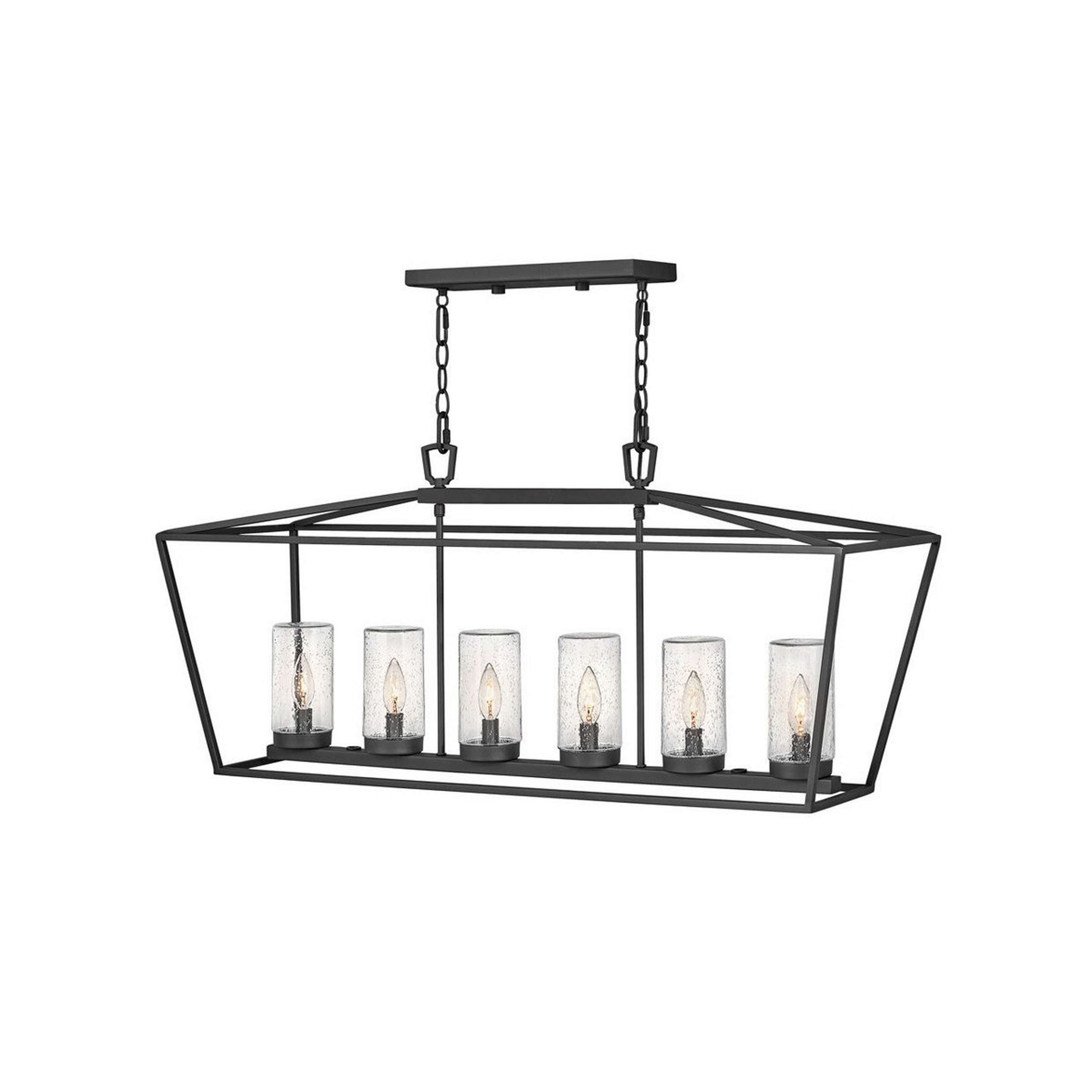 A Clearview Outdoor Island Chandelier with Black / Clear Seedy Glass color