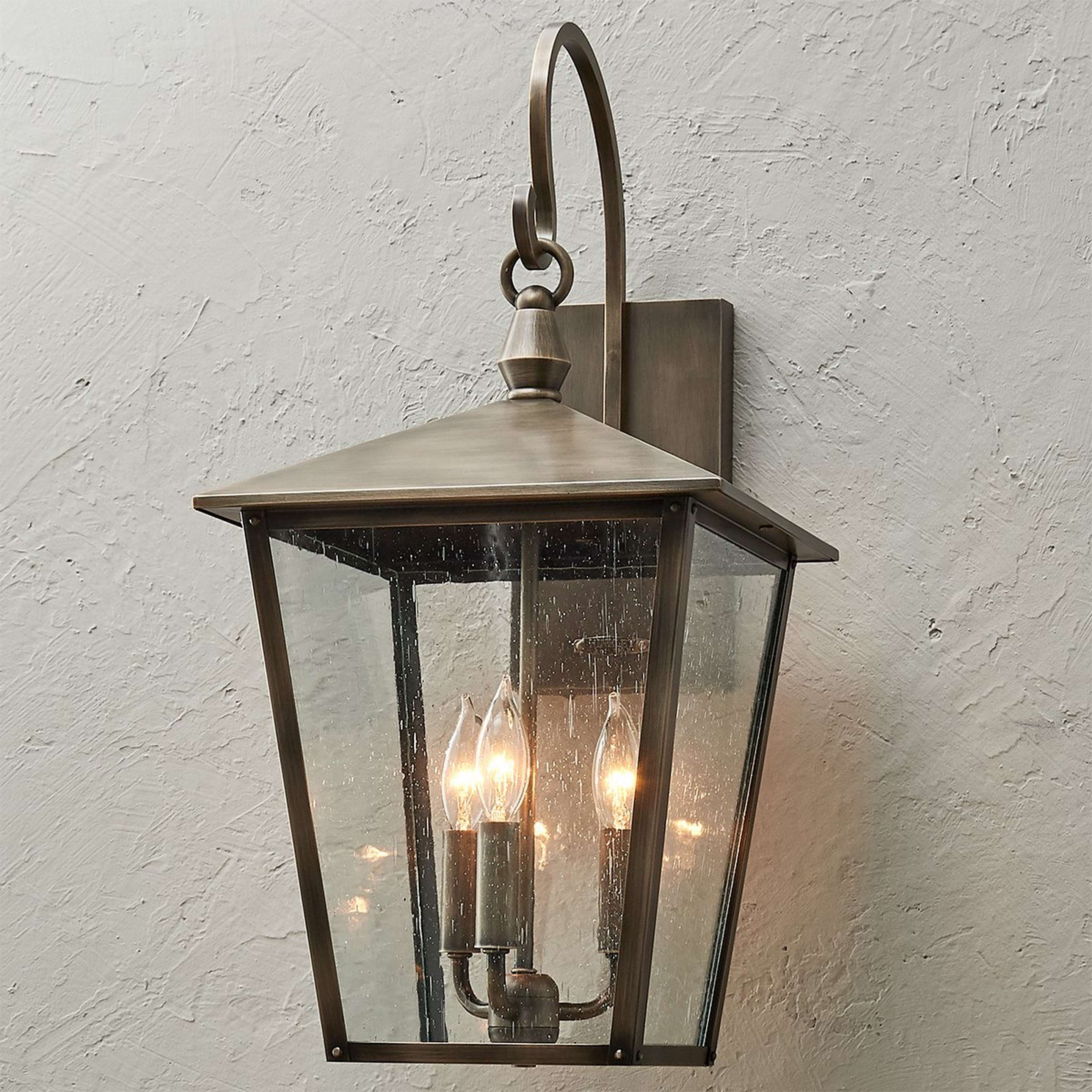 A Classic Caroline Outdoor Sconce - Large with Burnished Bronze / Seeded Glass color