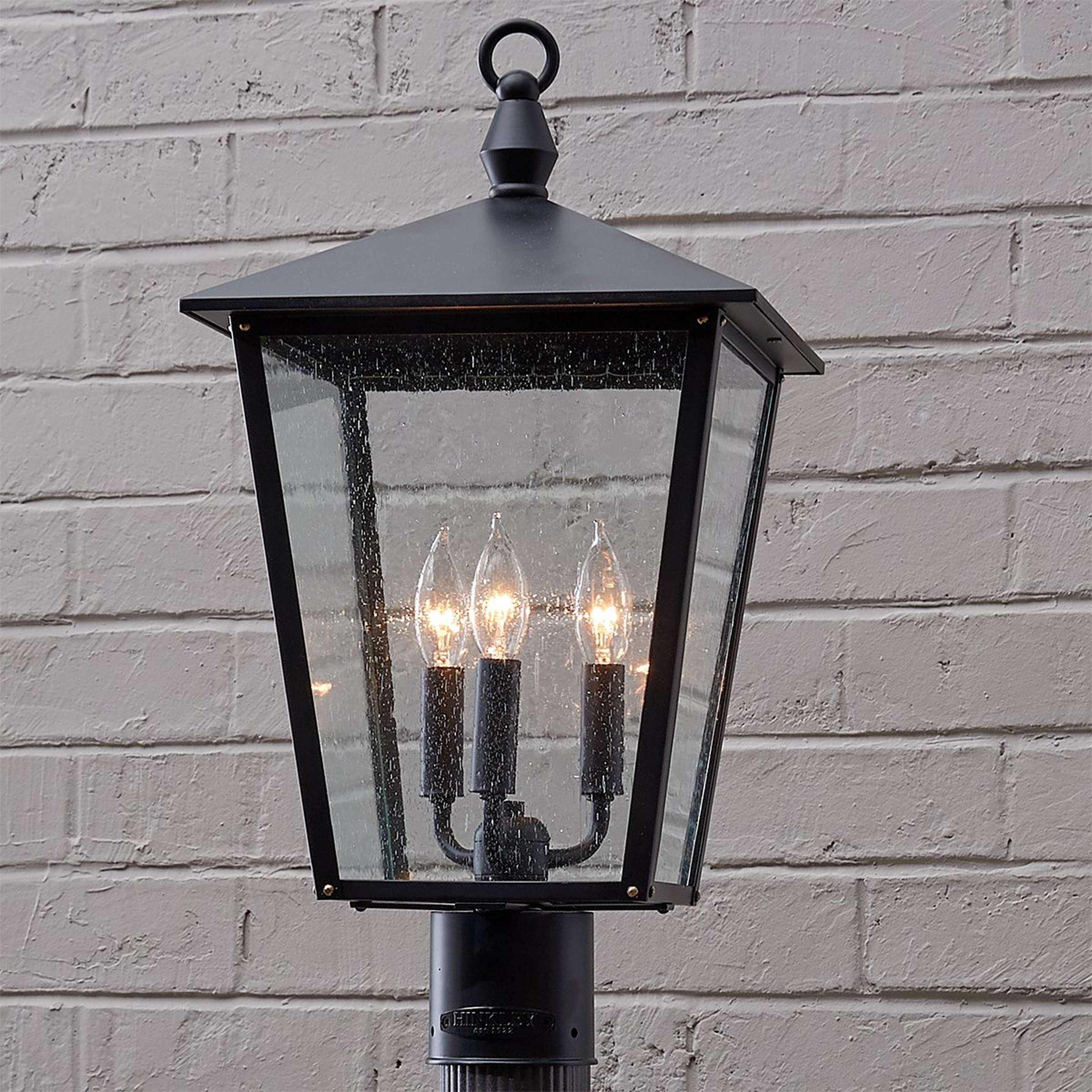 A Classic Caroline Outdoor Post Light with Black / Seeded Glass color