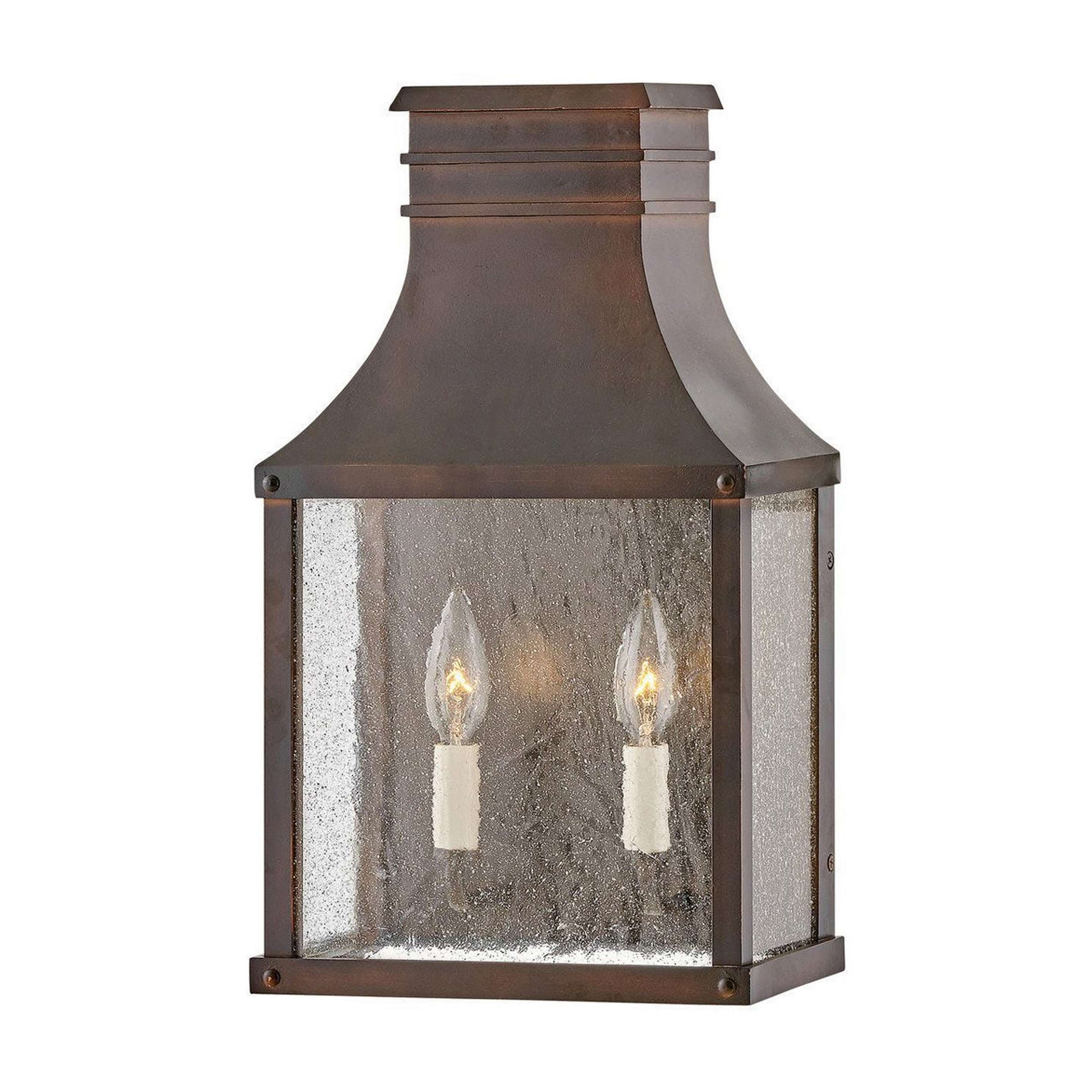 A Canterbury Outdoor Pocket Sconce with Darkened Copper / Seeded Glass color