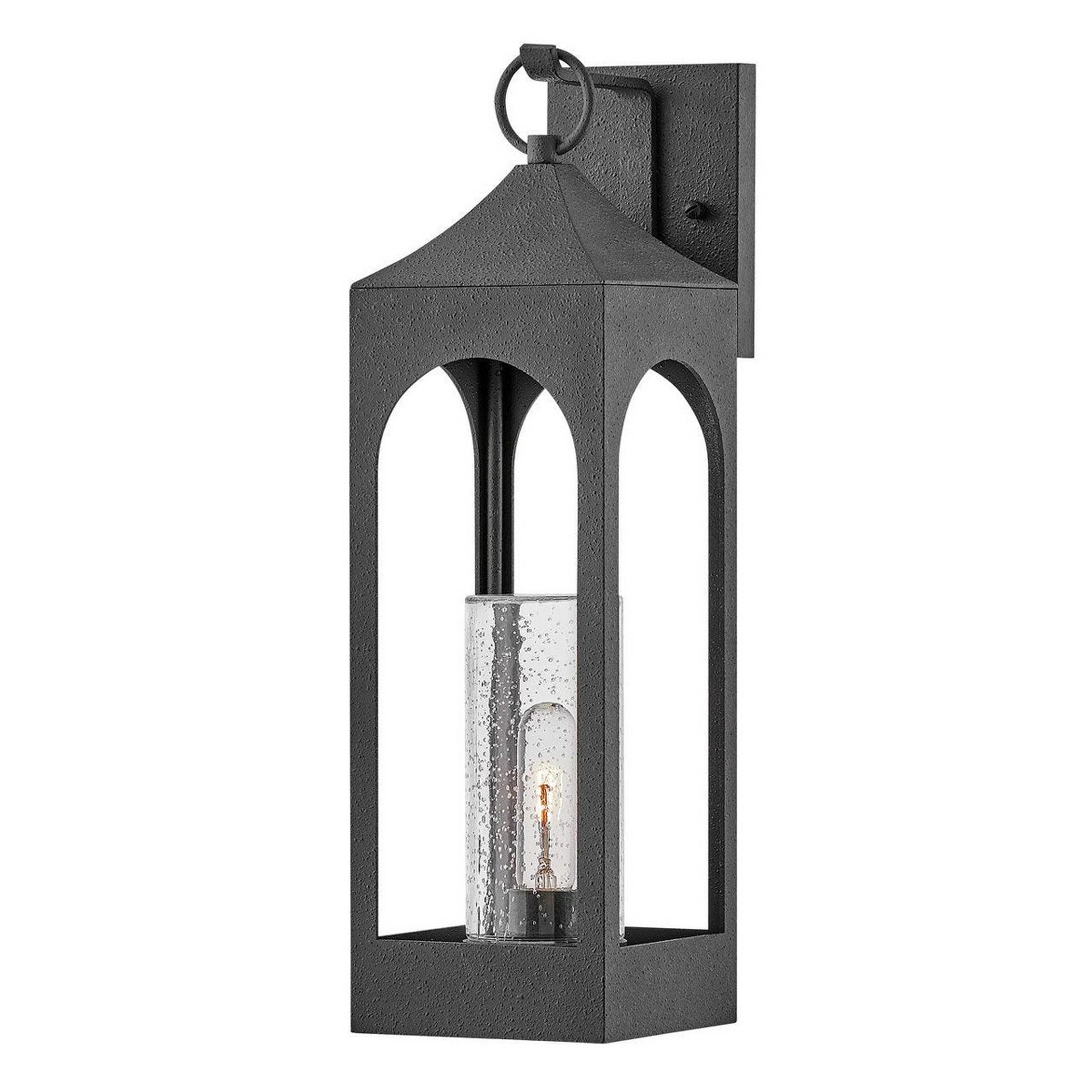 A Elegant Cathedral Outdoor Sconce - Medium with Textured Zinc / Seeded Glass color