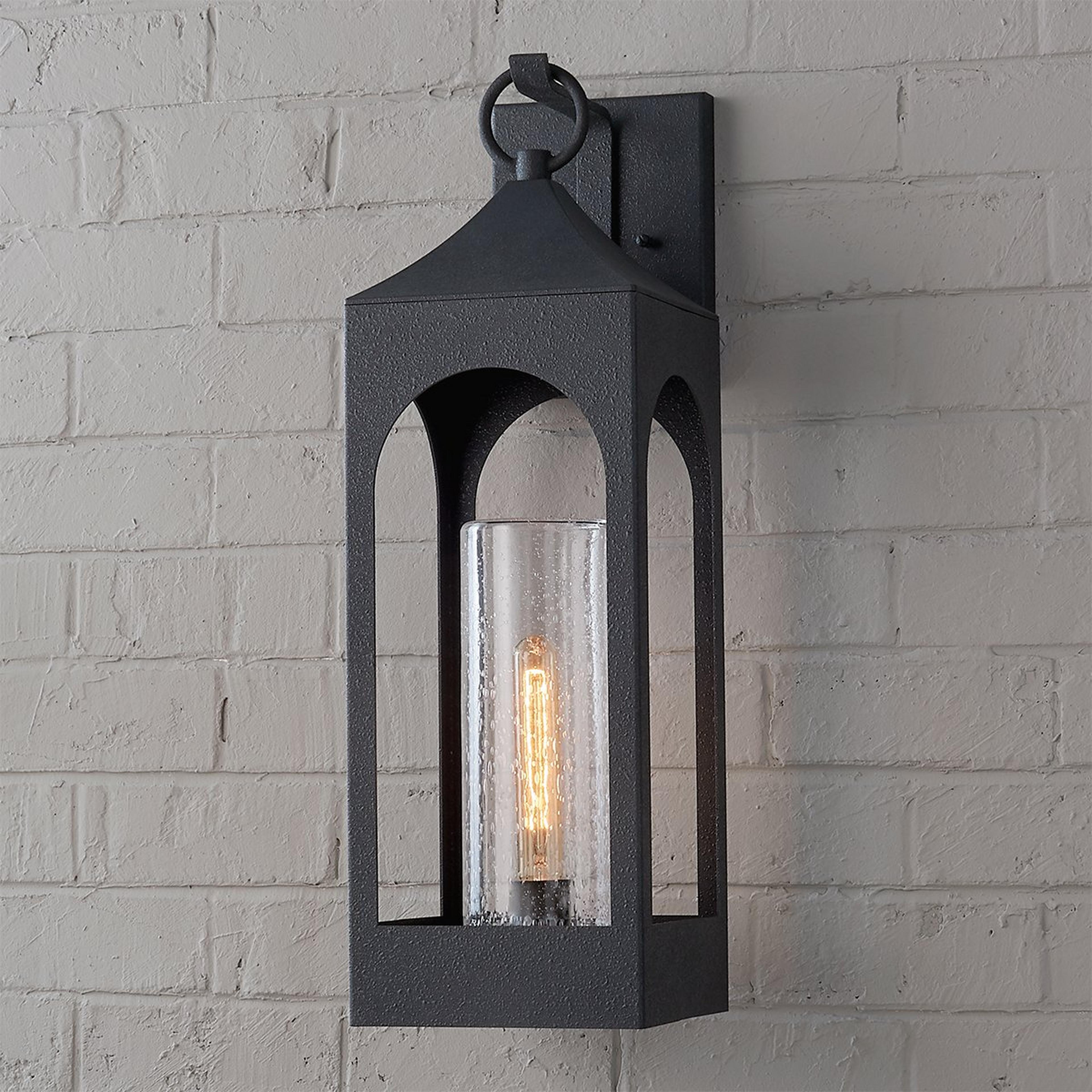 A Elegant Cathedral Outdoor Sconce - Large with Textured Zinc / Seeded Glass color