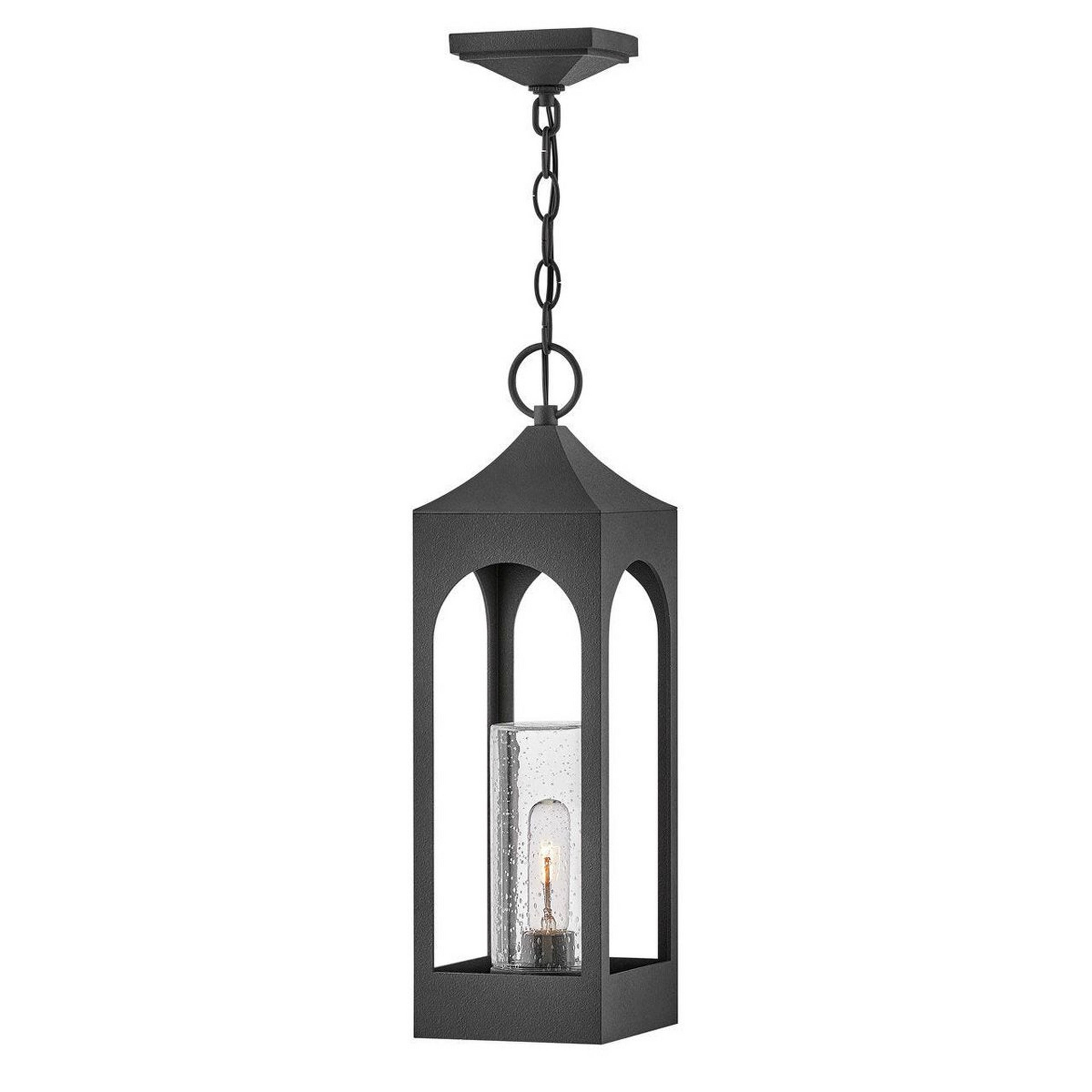 A Elegant Cathedral Outdoor Hanging Light with Textured Zinc / Seeded Glass color