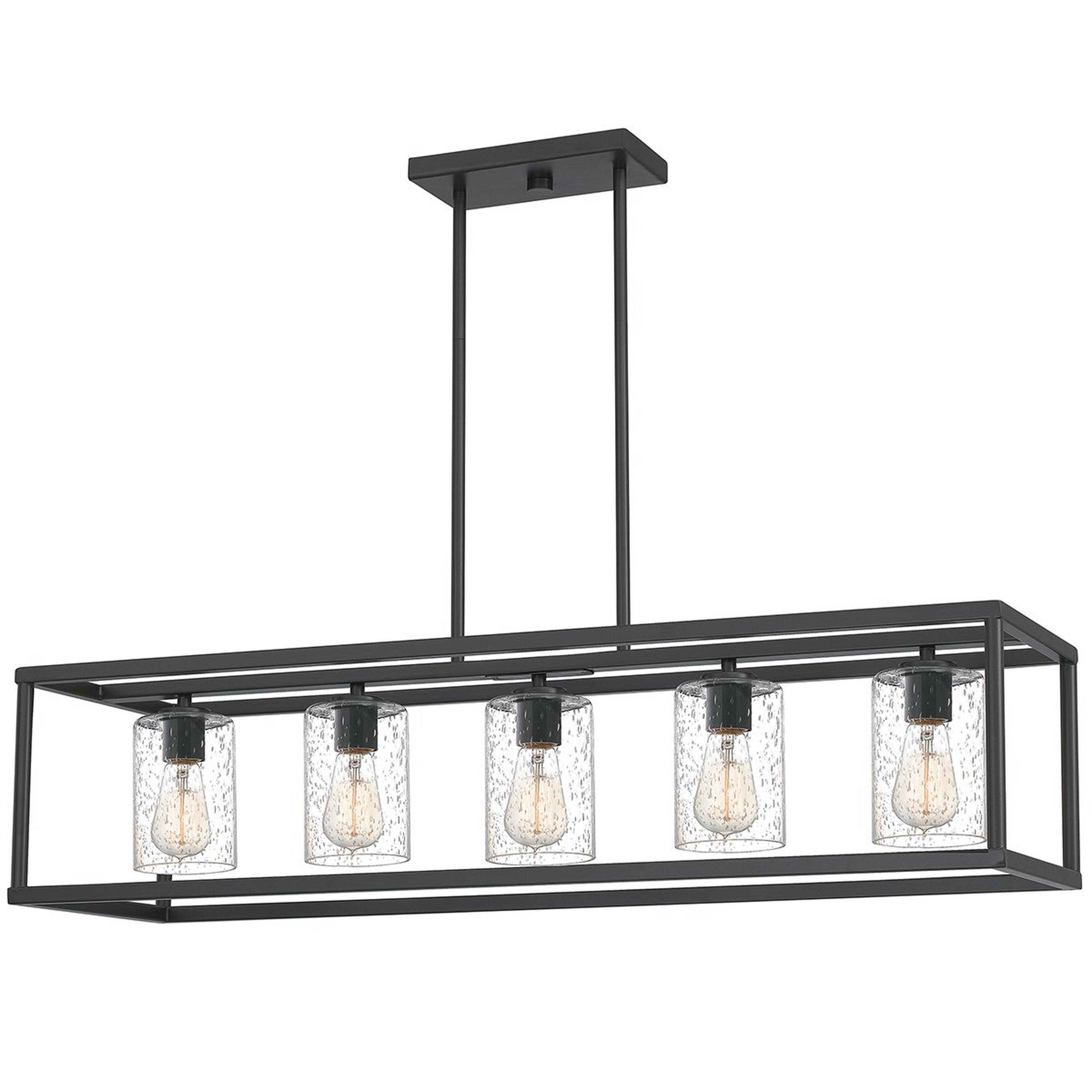 A Sleek Frame Indoor / Outdoor Chandelier with Dark Bronze / Seeded Glass color