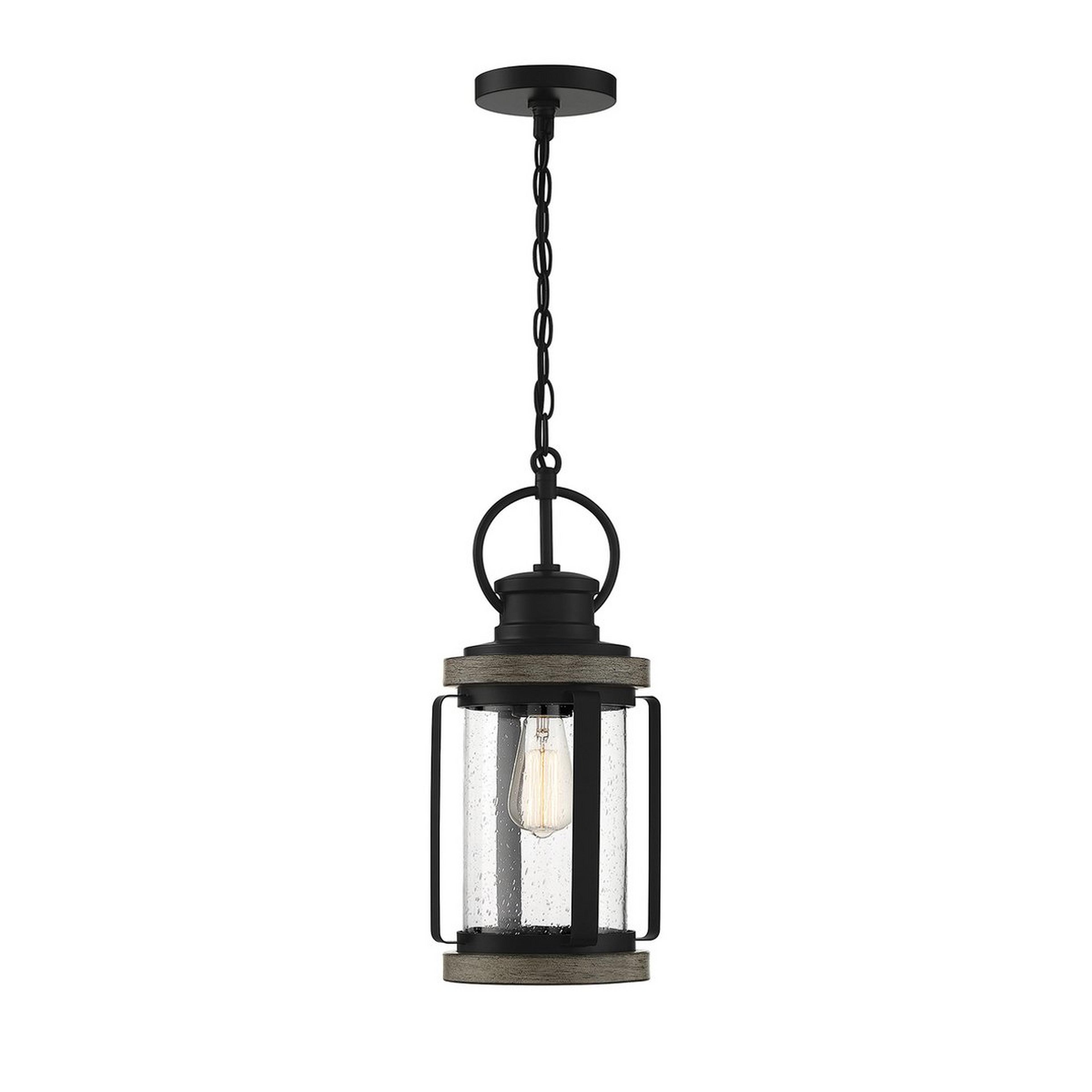 A Lodge Lantern Outdoor Pendant with Black / Faux Gray Wood color