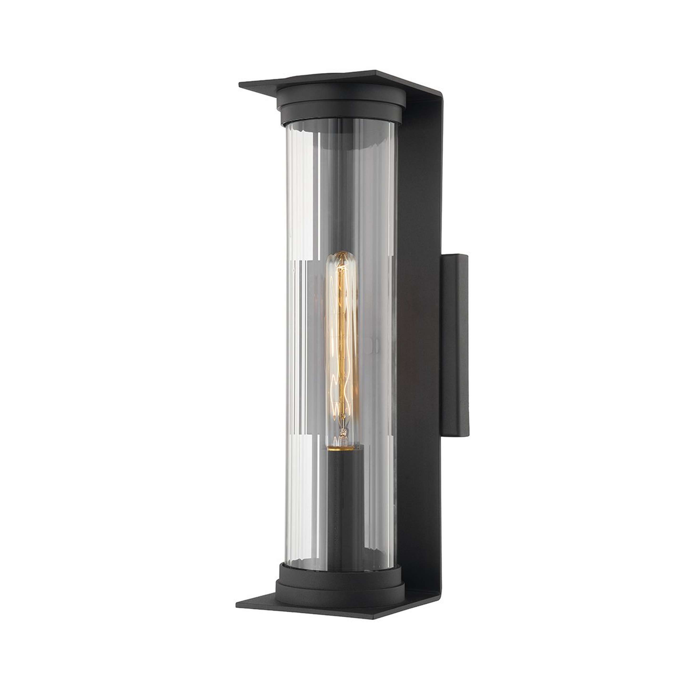 A Cylindrical Outdoor Sconce - Medium with Textured Black / Ribbed Glass color