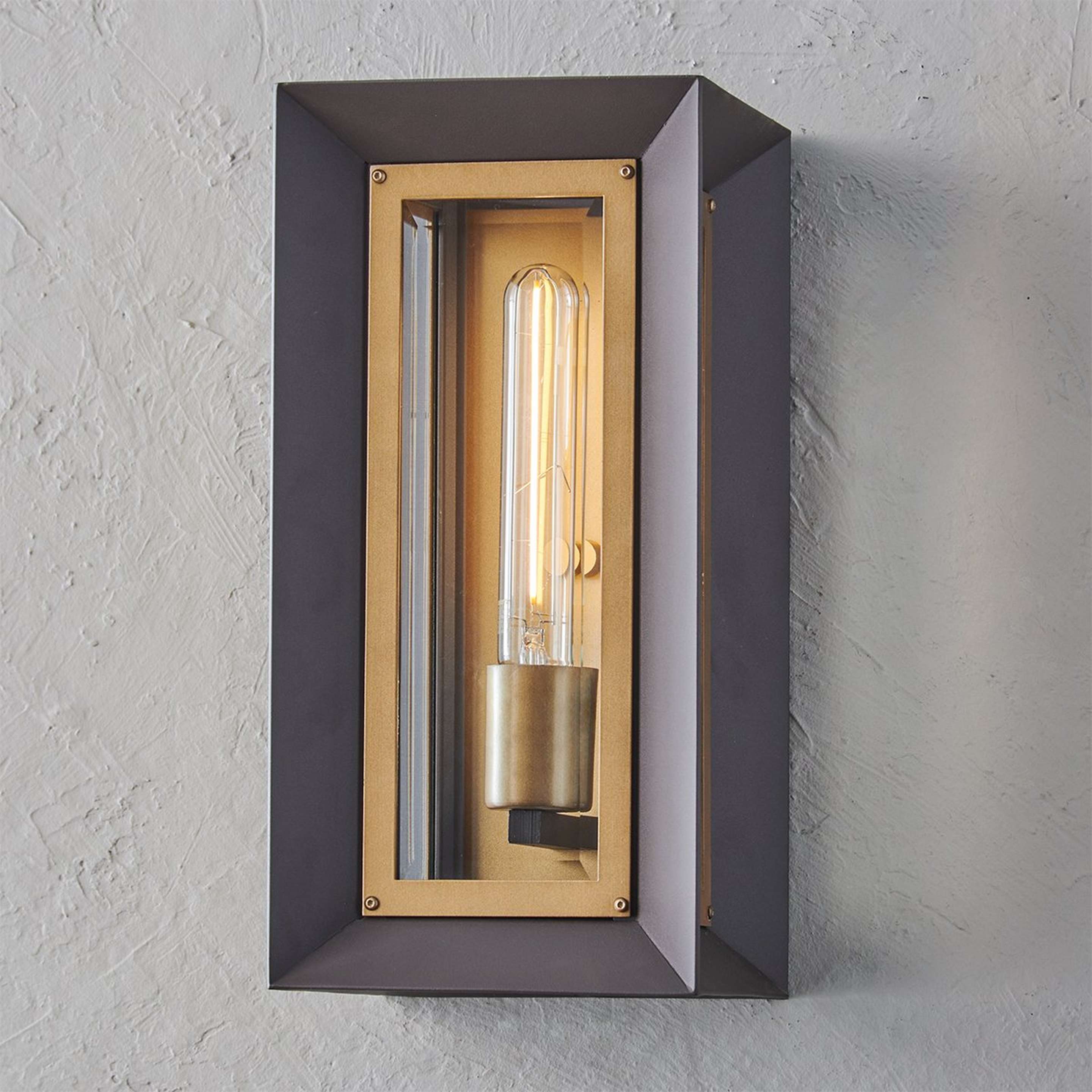 A Inverted Rectangle Outdoor Sconce - Small with Textured Bronze / Brass / Clear Glass color