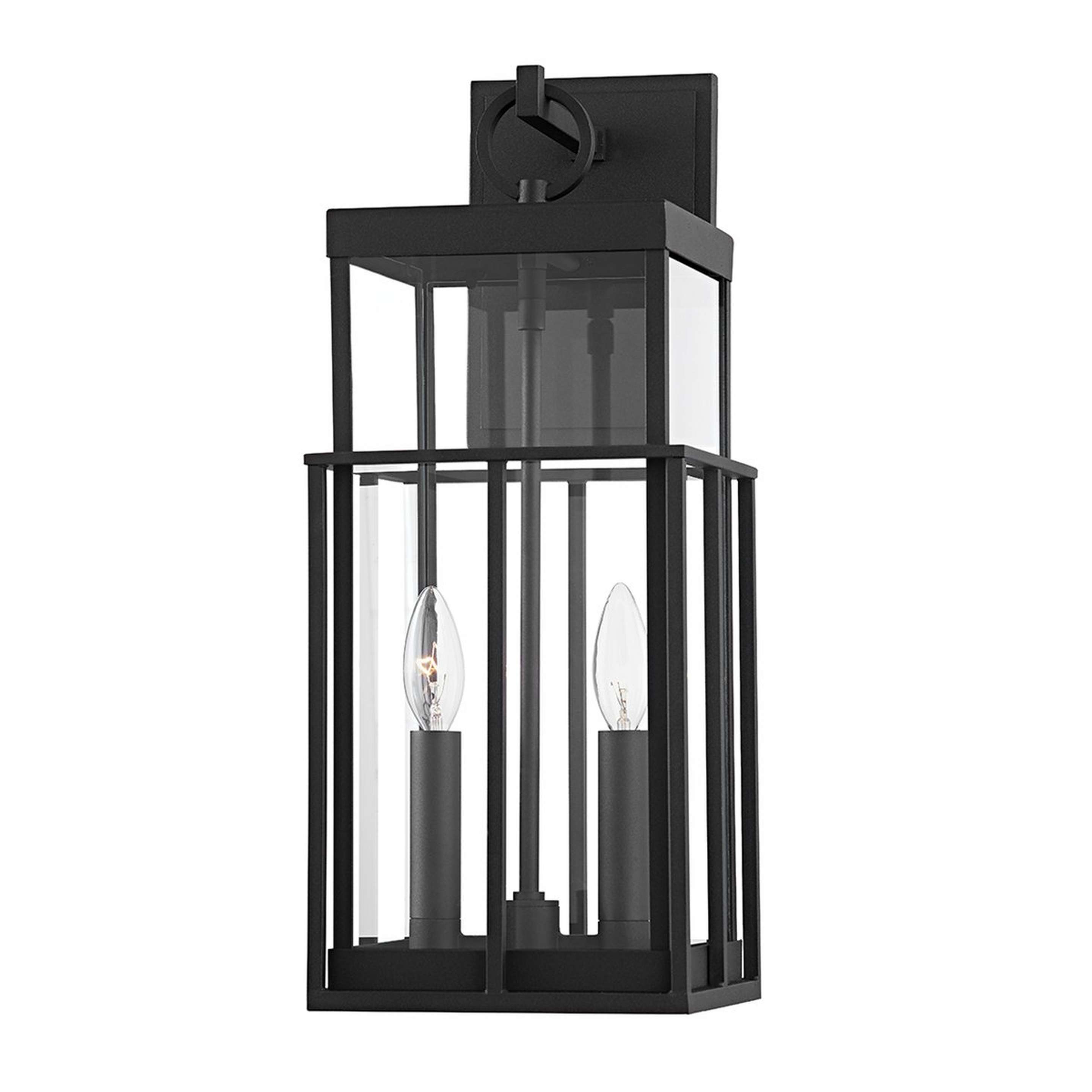 A Stacked Angle Outdoor Sconce with Textured Black / Clear color