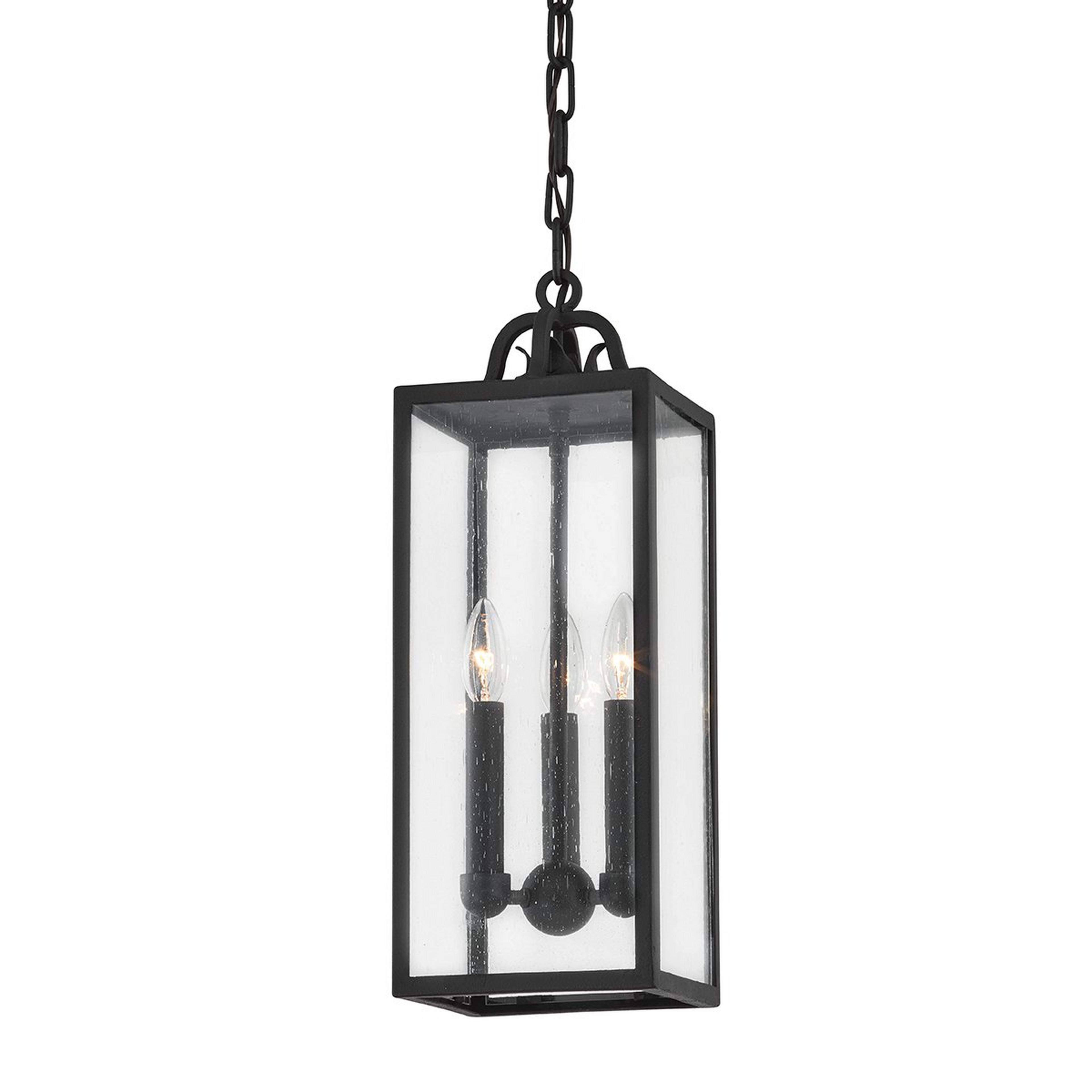 A Nunoz Indoor/Outdoor Hanging Lantern with Forged Iron / Seeded Glass color