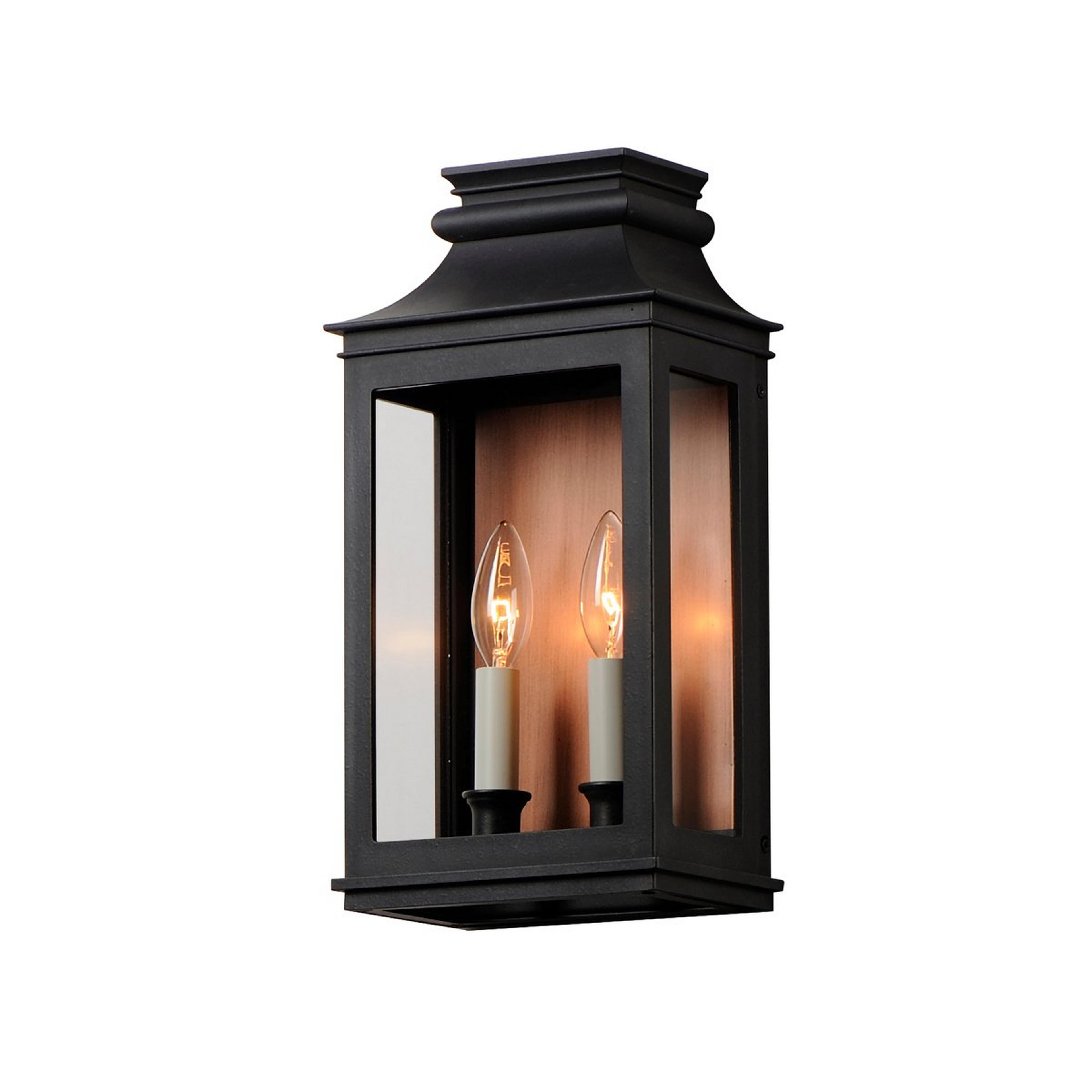 A Zigmund Outdoor Sconce - 2 Light with Black / Antique Copper / Clear Glass color