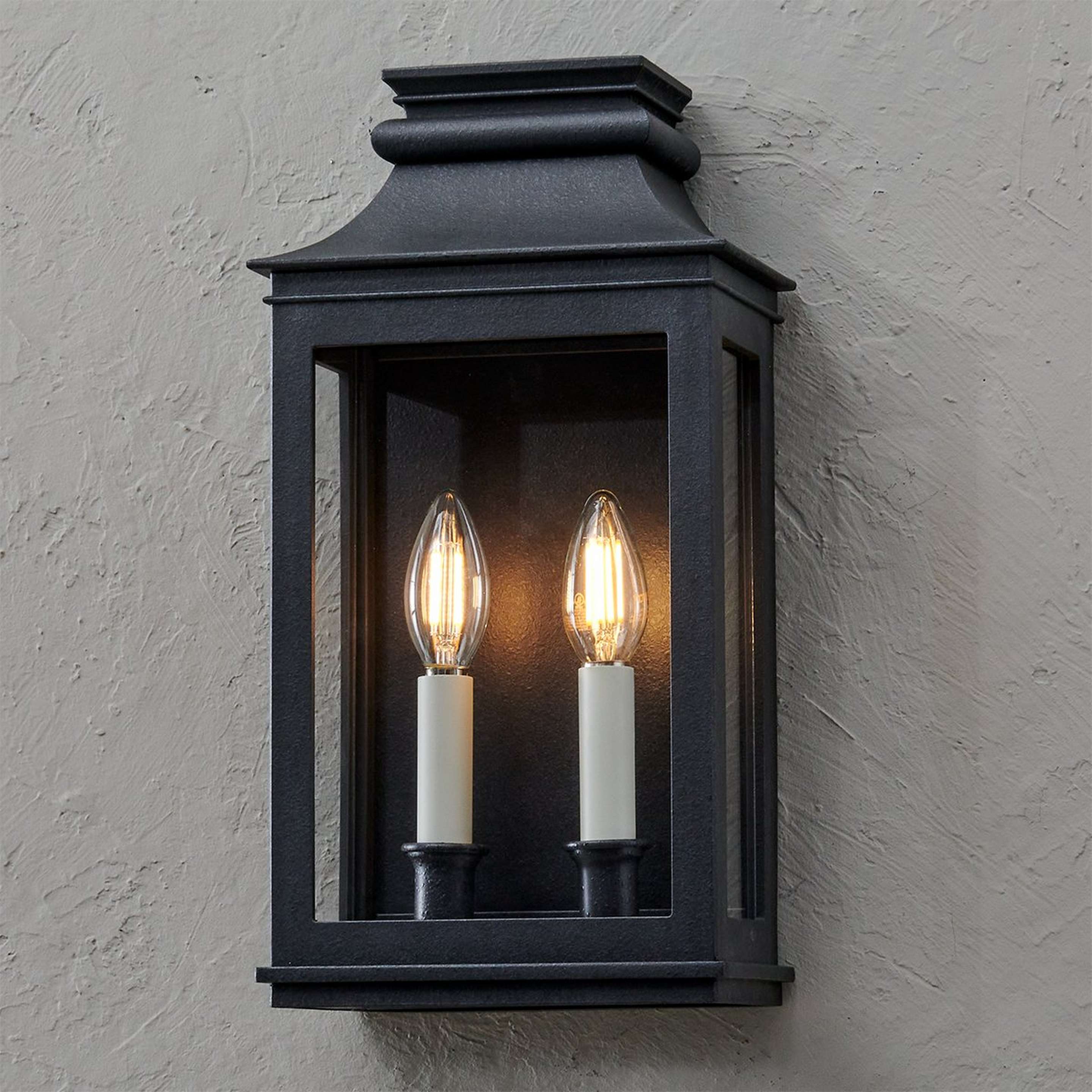 A Zigmund Outdoor Sconce - 2 Light with Black / Clear Glass color