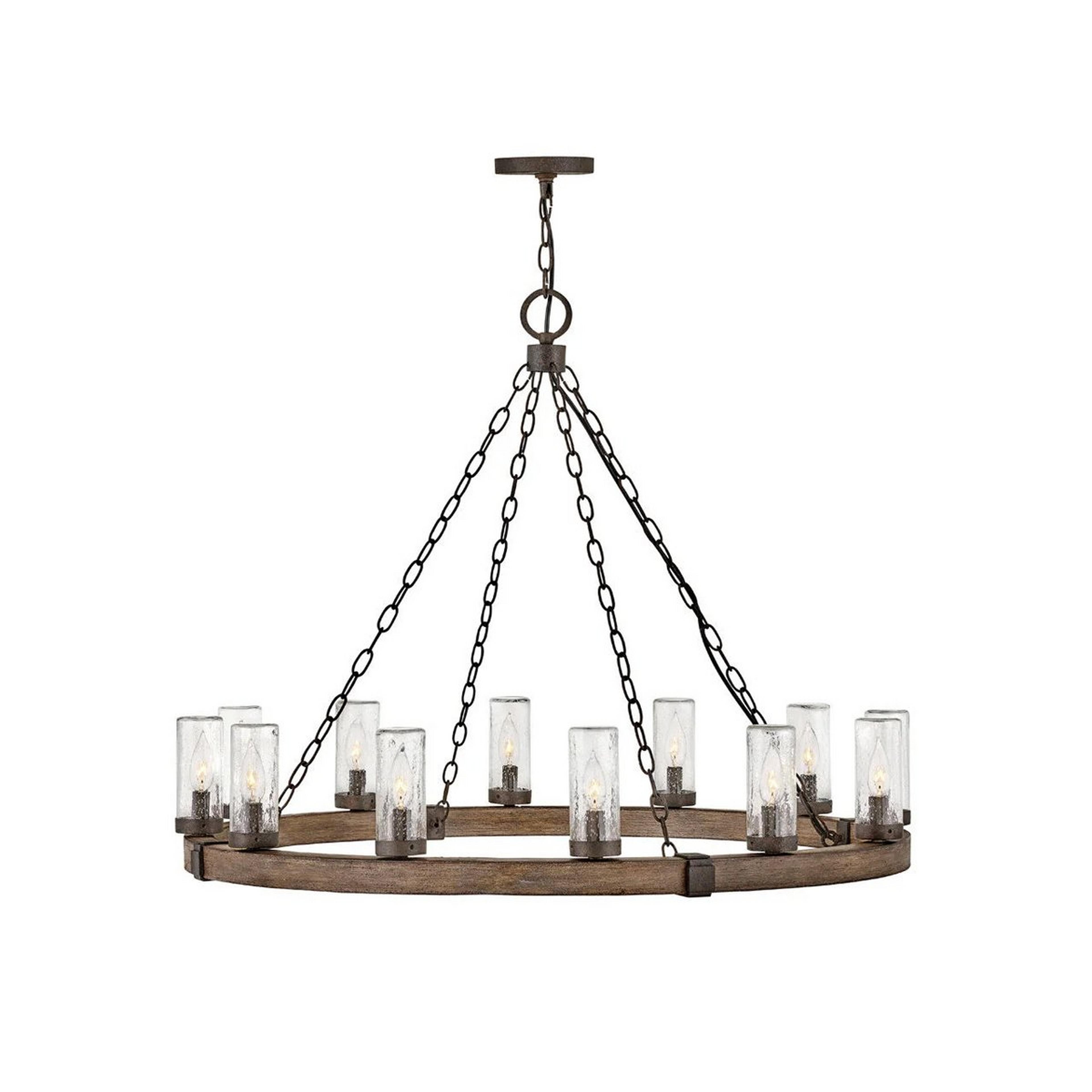 A Seeded Contrast Outdoor Ring Chandelier - 12 Light with Black / Faux Sequoia / Seeded Glass color