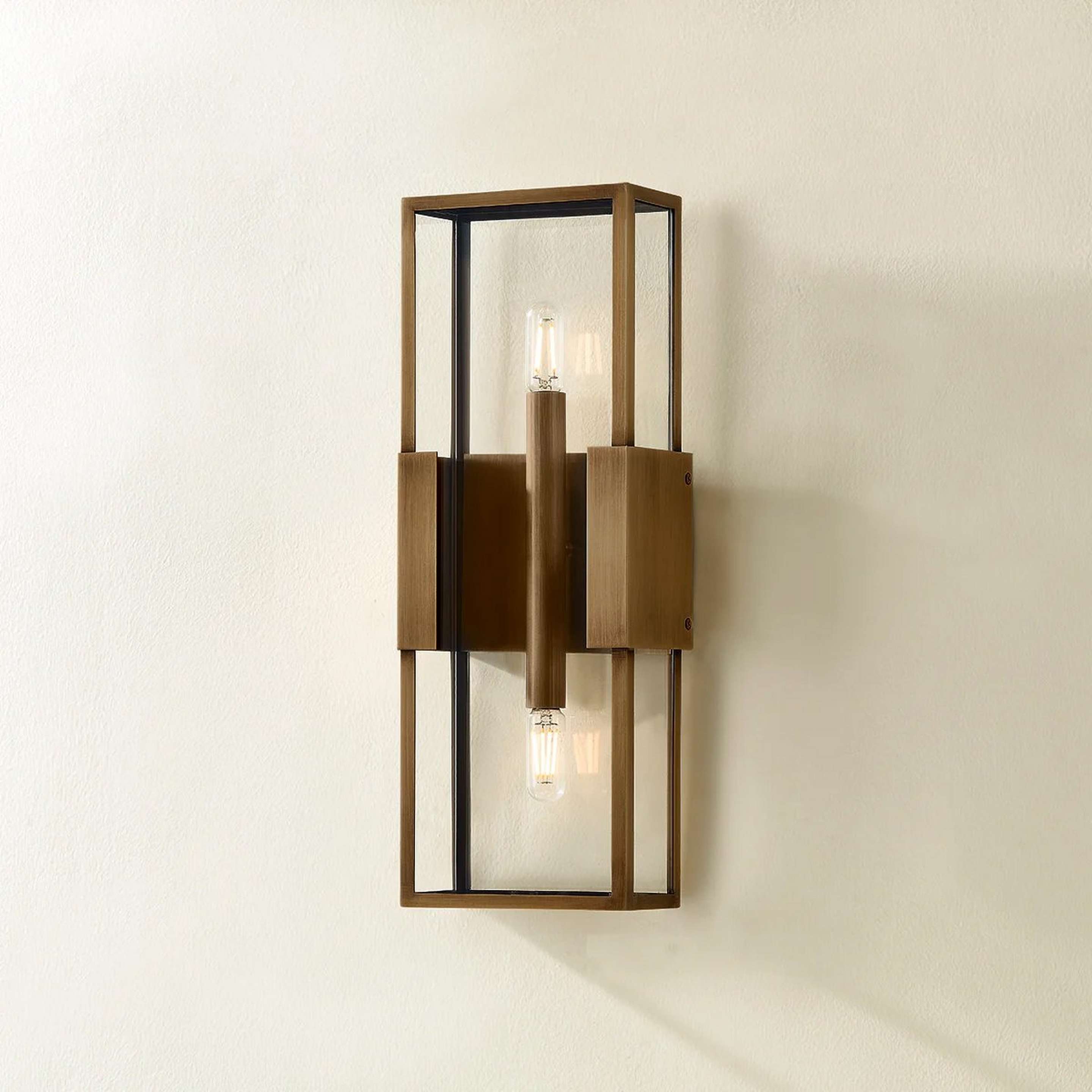 A Belen Outdoor Sconce - Tall with Brass / Clear Glass color