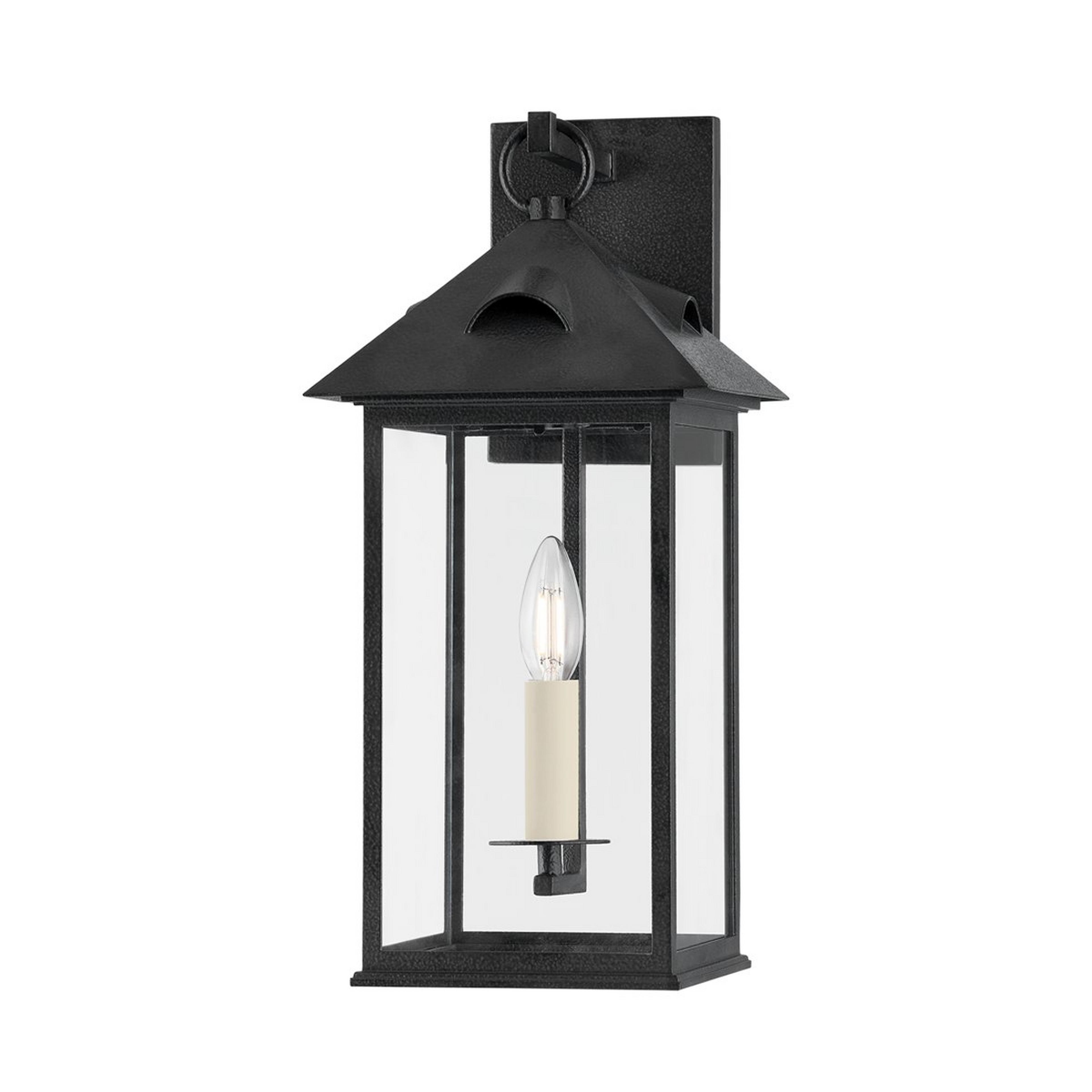 A Rosemary Outdoor Sconce with Black Iron / Clear Glass color