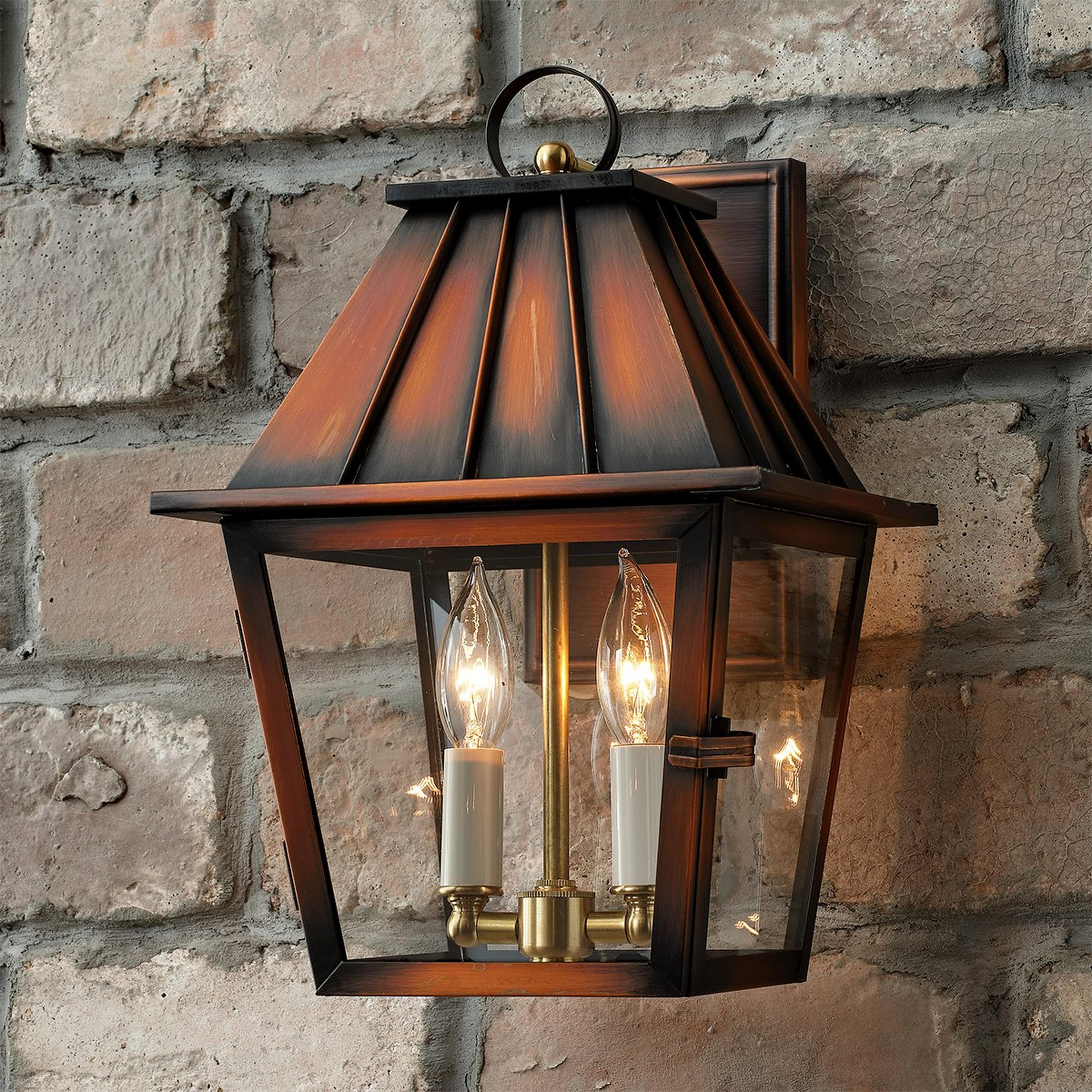 A Colonial Metalcrafts Mansard Outdoor Carriage Light - Small with Antique Copper / Clear Glass color