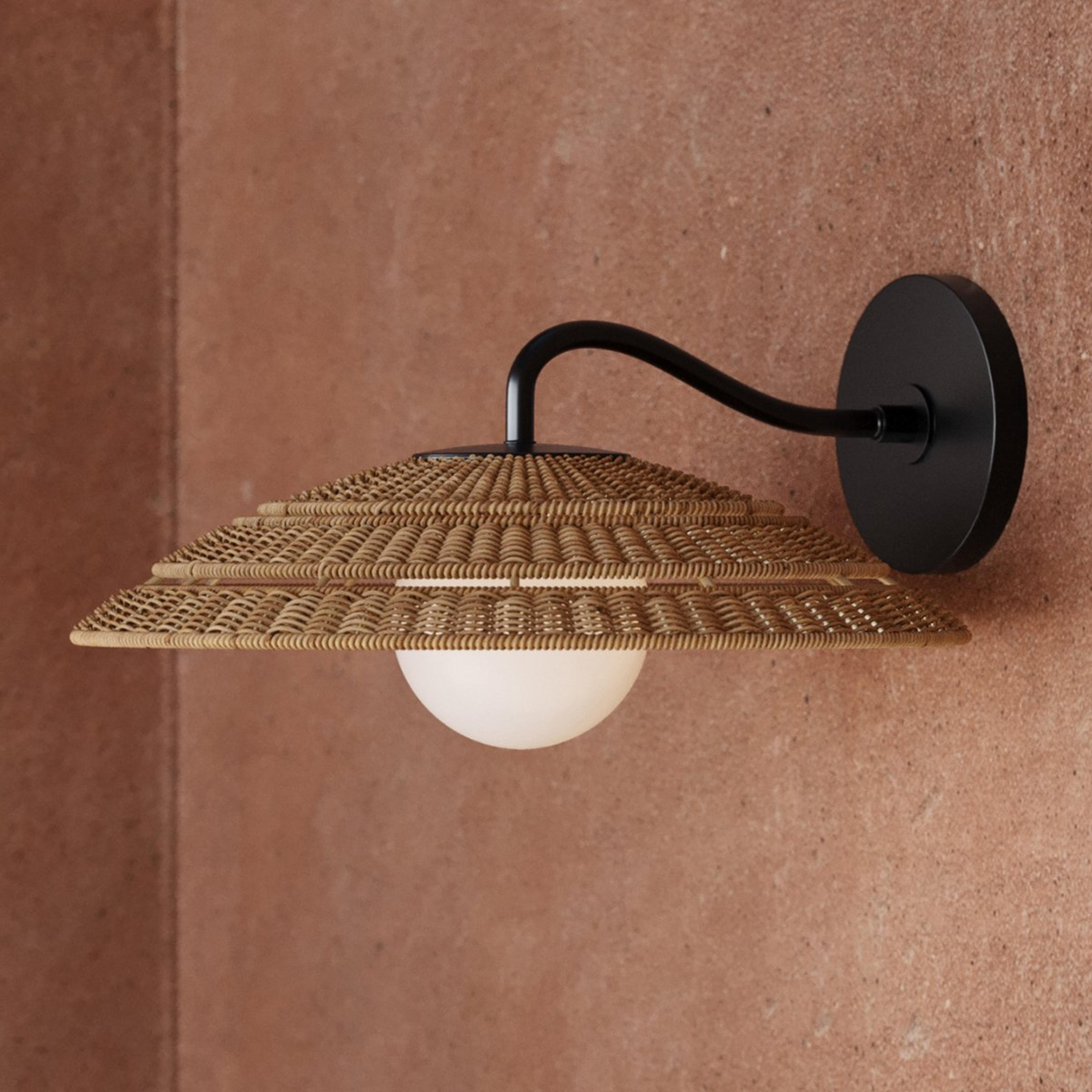 A Makoare Outdoor Sconce with Black / Faux Rattan / Opal Glass color