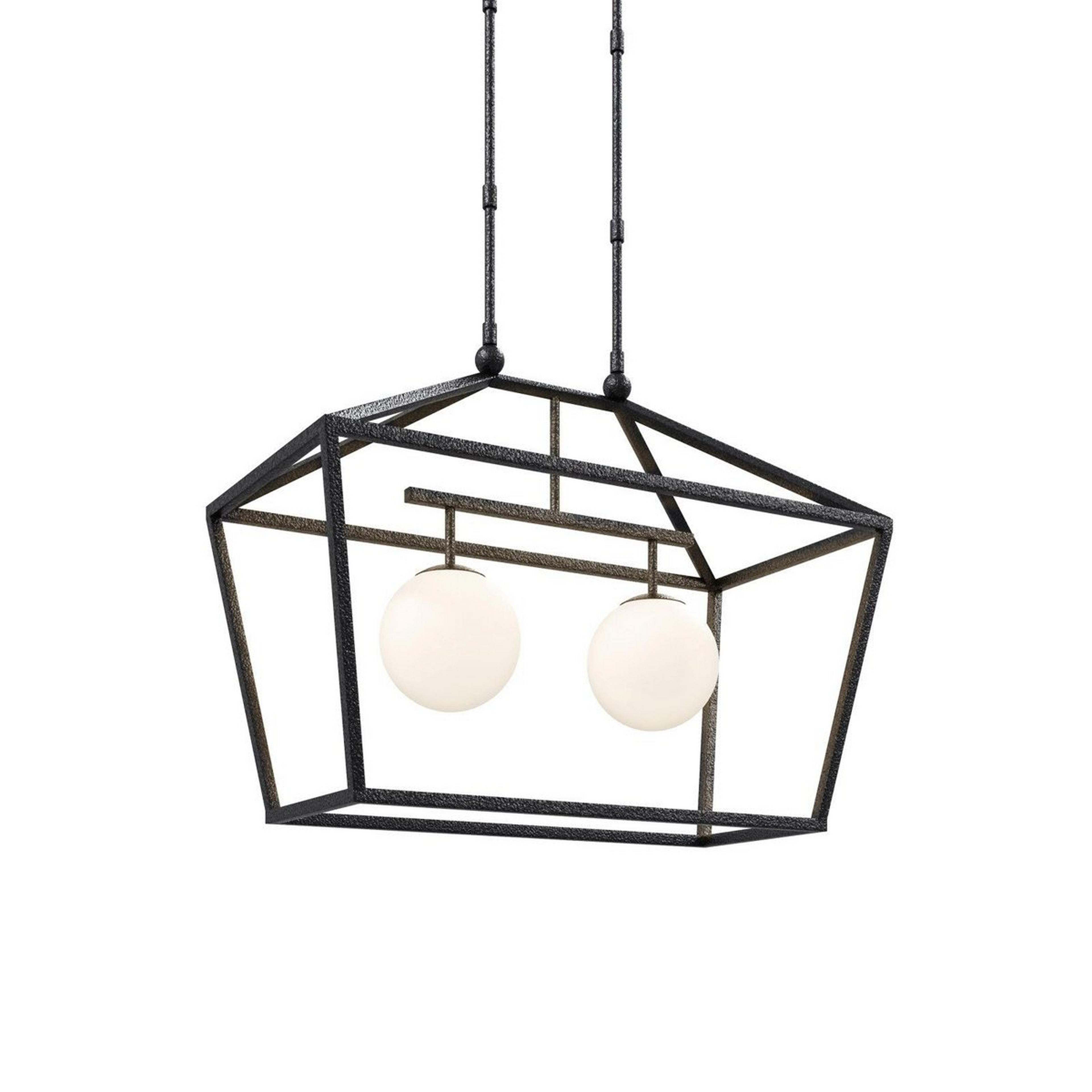 A Kingsford Outdoor Island Chandelier with Black Iron / Opal Glass color