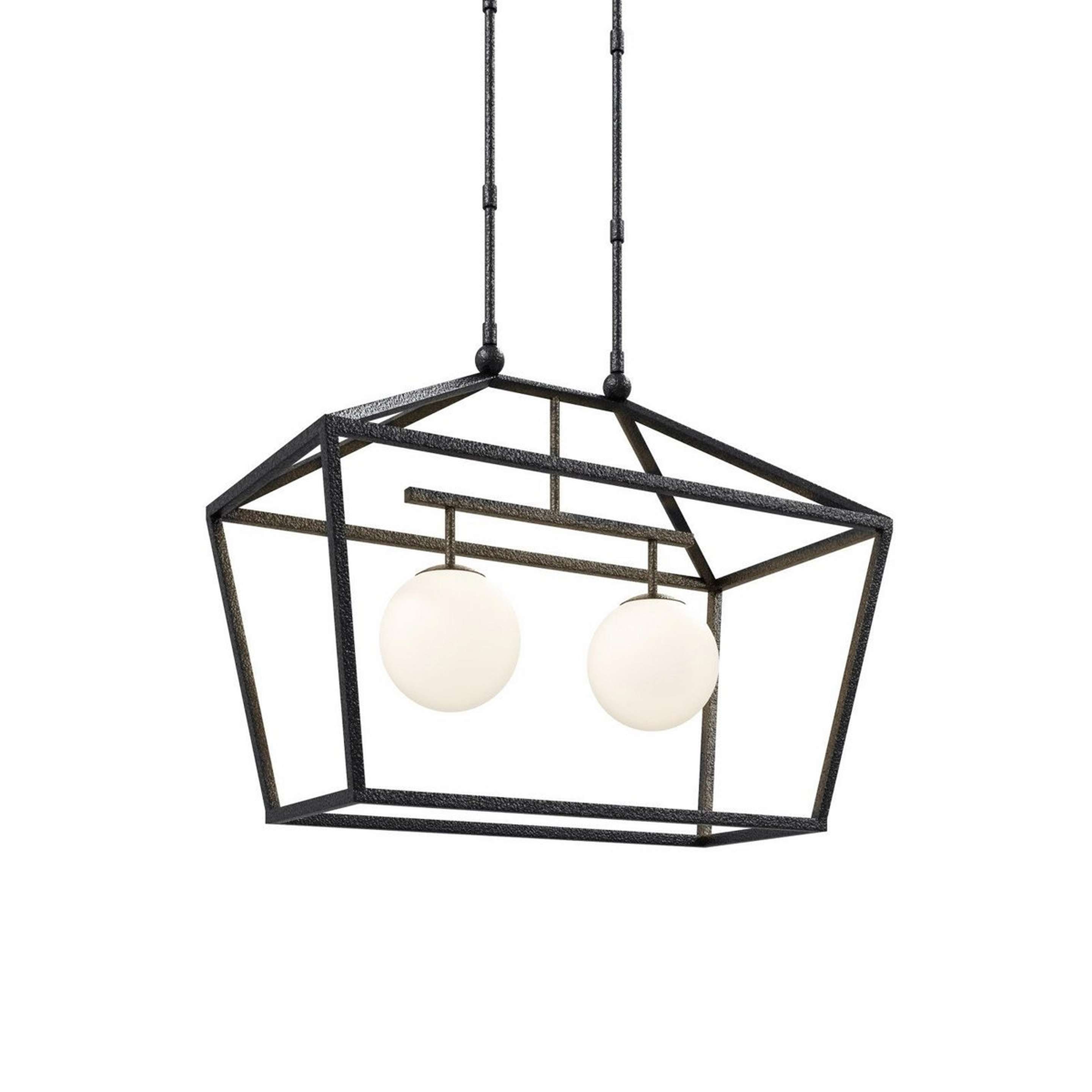 A Kingsford Outdoor Island Chandelier with Black Iron / Opal Glass color