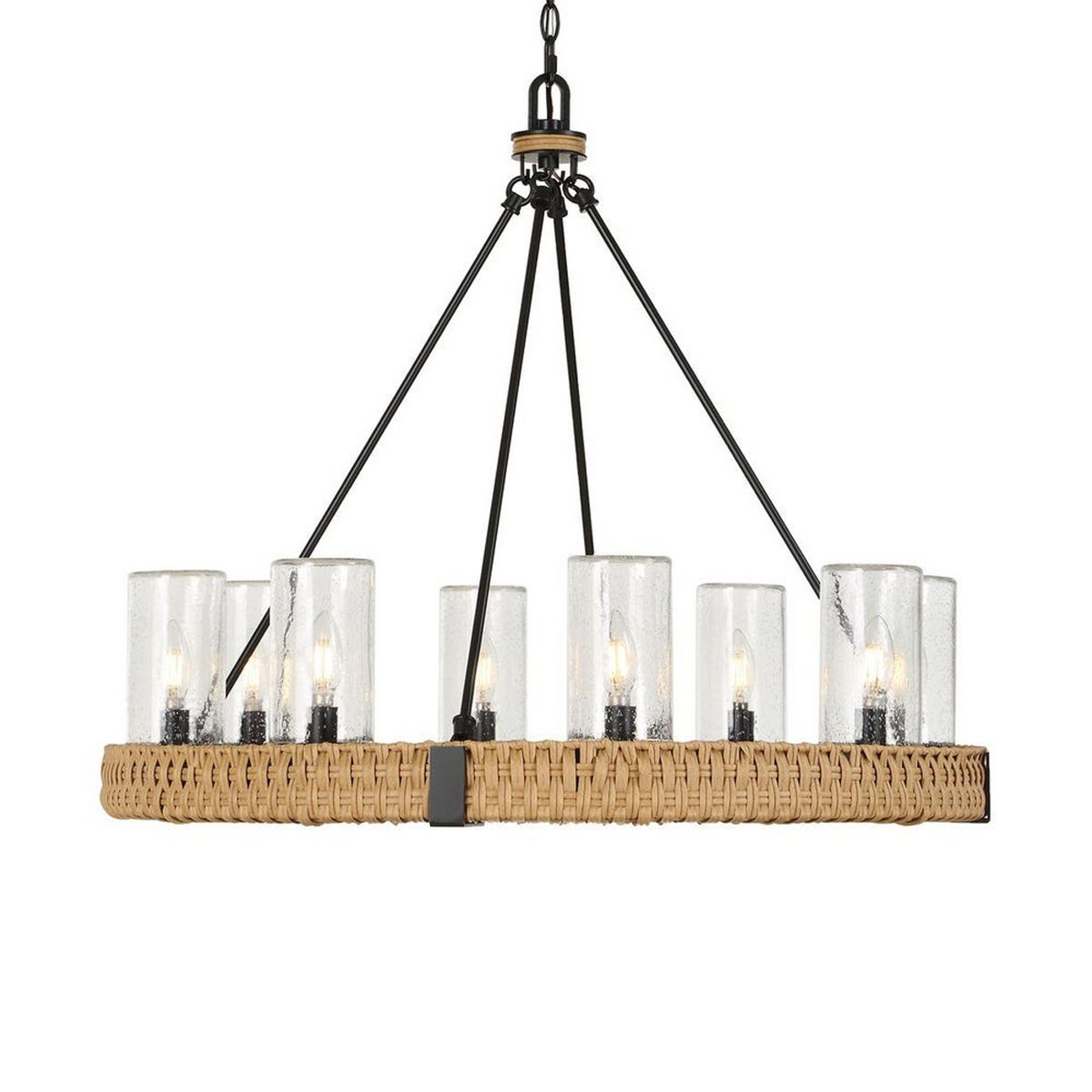 A Passerine Indoor / Outdoor Chandelier with Black / Natural Rattan / Clear Seeded Glass color