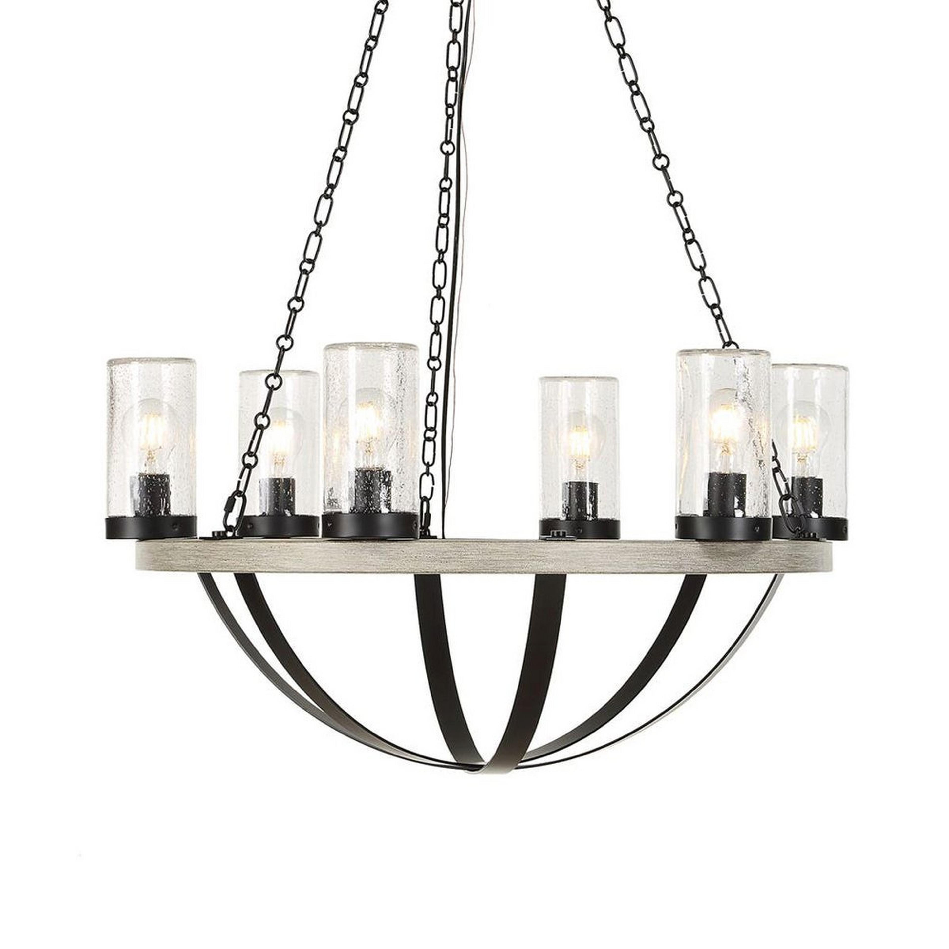A Guildhall Indoor / Outdoor Chandelier - 6 Light with Black / Faux Beechwood / Seeded Glass color