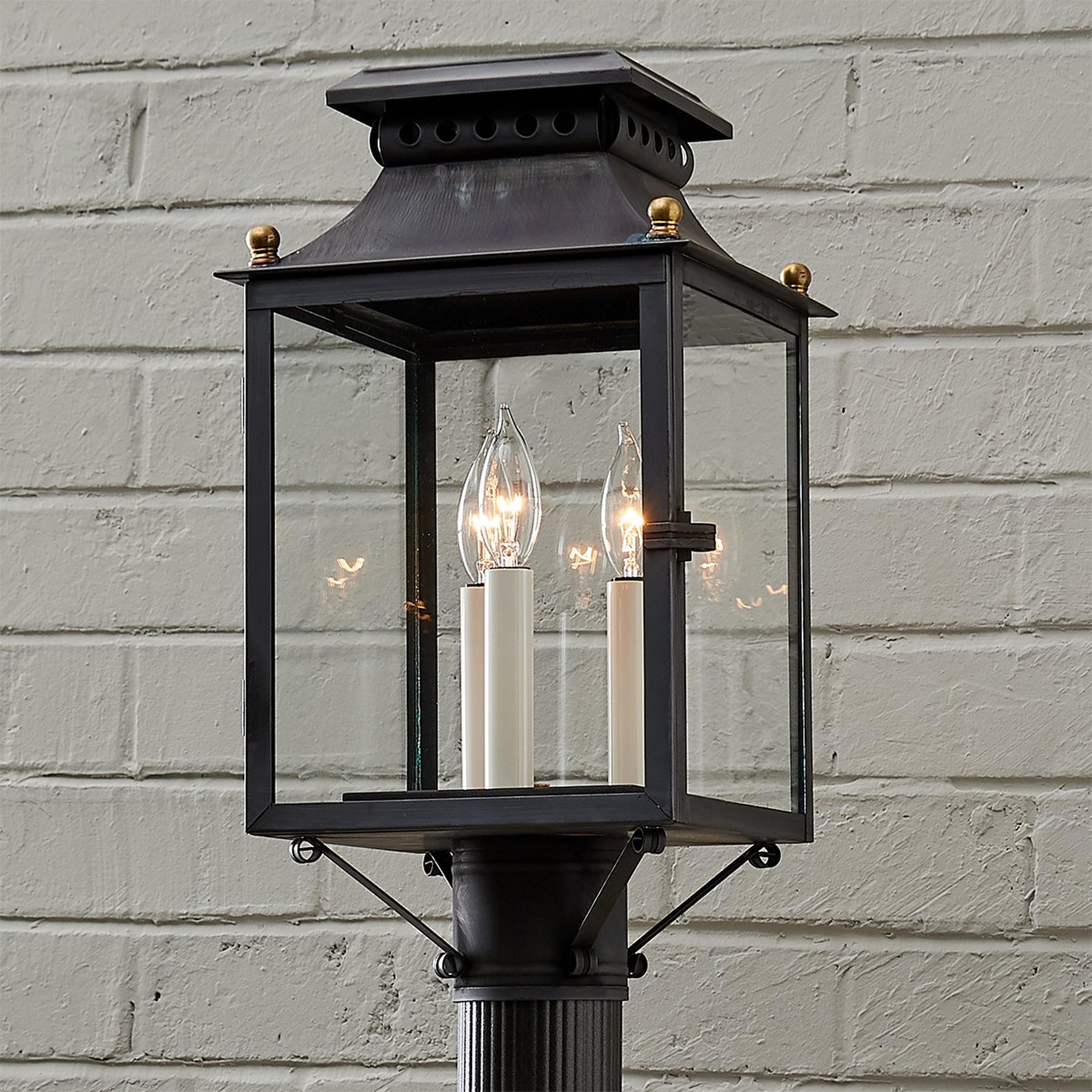 A Colonial Metalcrafts Federal Outdoor Post Light with Darkened Copper / Clear Glass  color