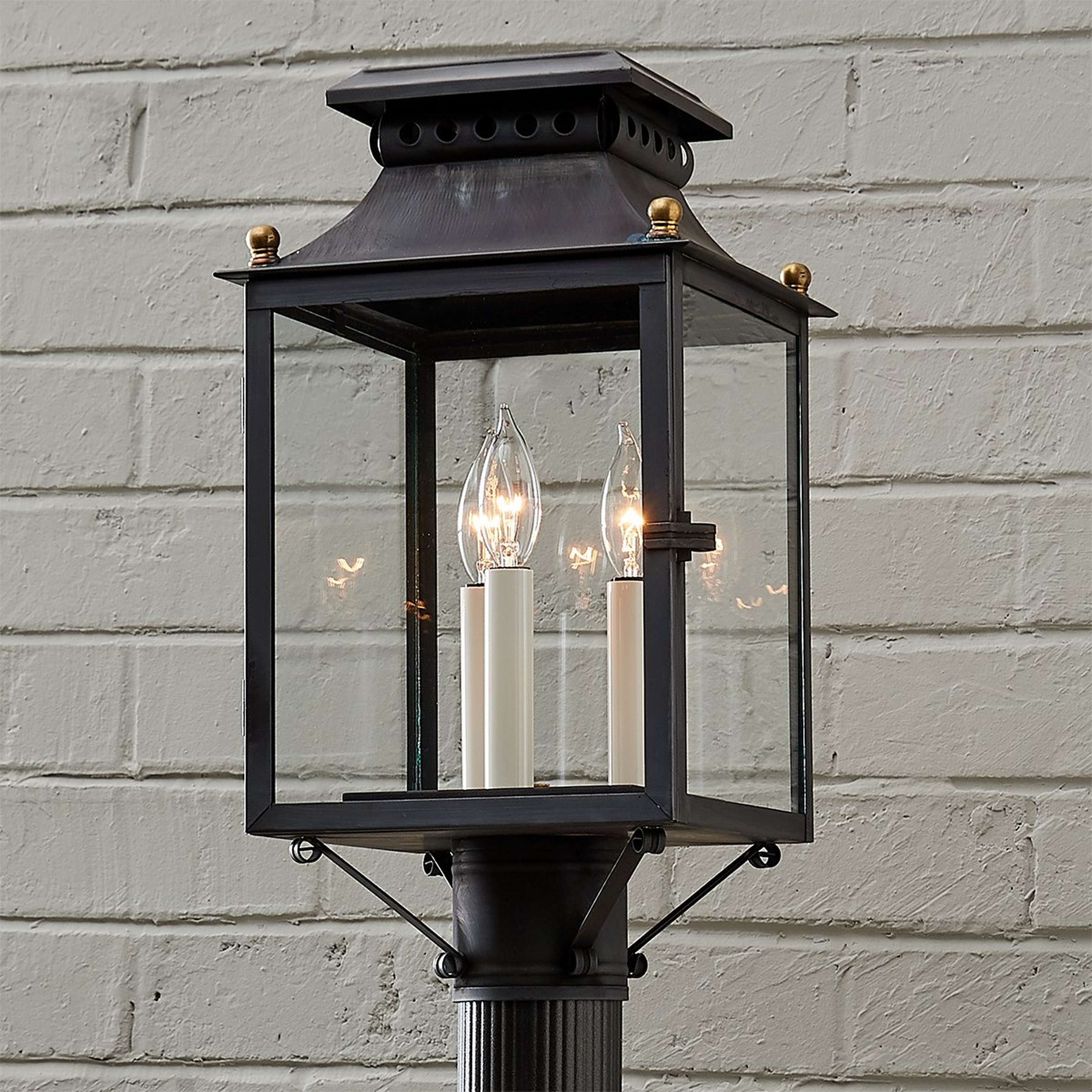 A Colonial Metalcrafts Federal Outdoor Post Light with Darkened Copper / Clear Glass color
