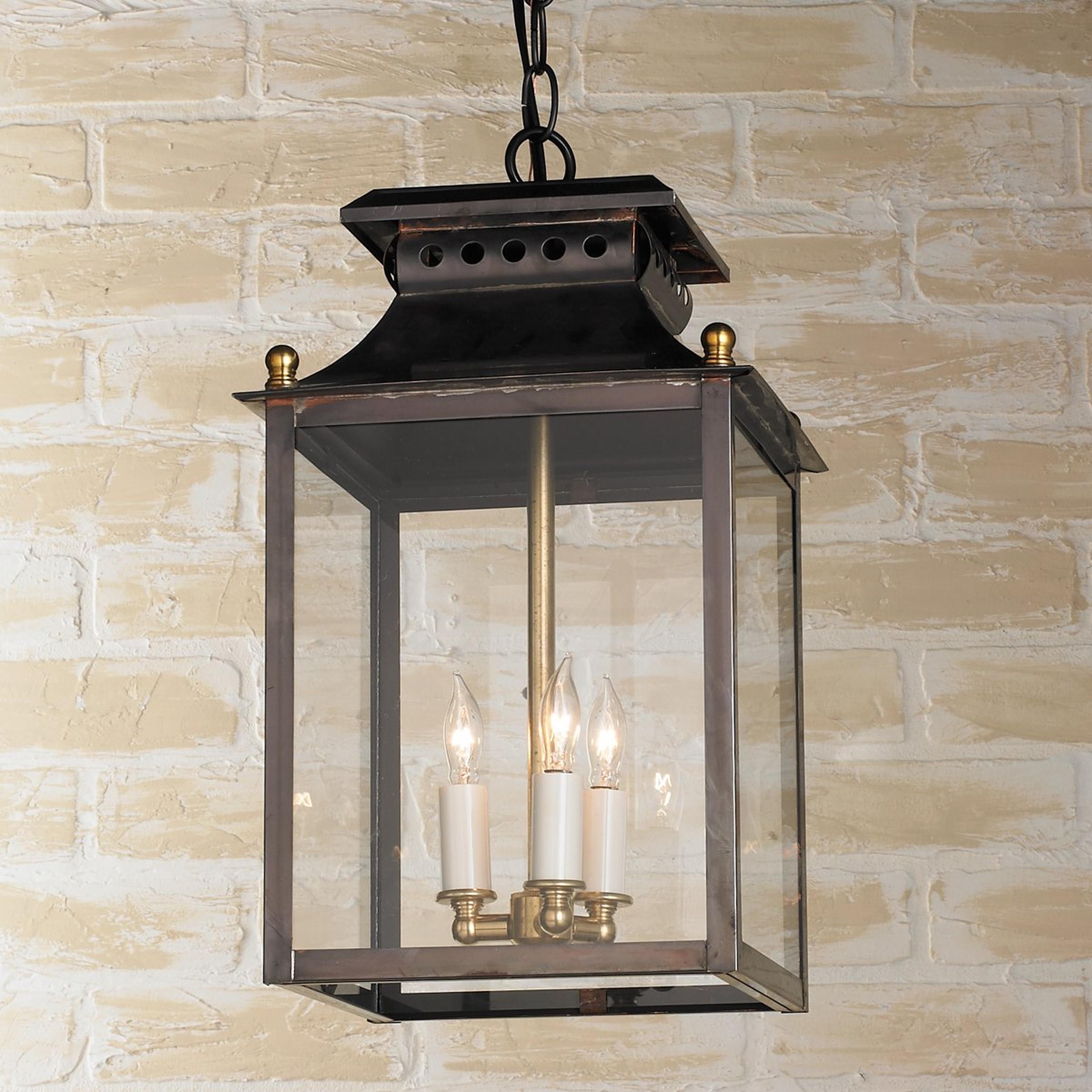 A Colonial Metalcrafts Federal Outdoor Hanging Lantern - Small with Darkened Copper / Clear Glass with Clear Coat color