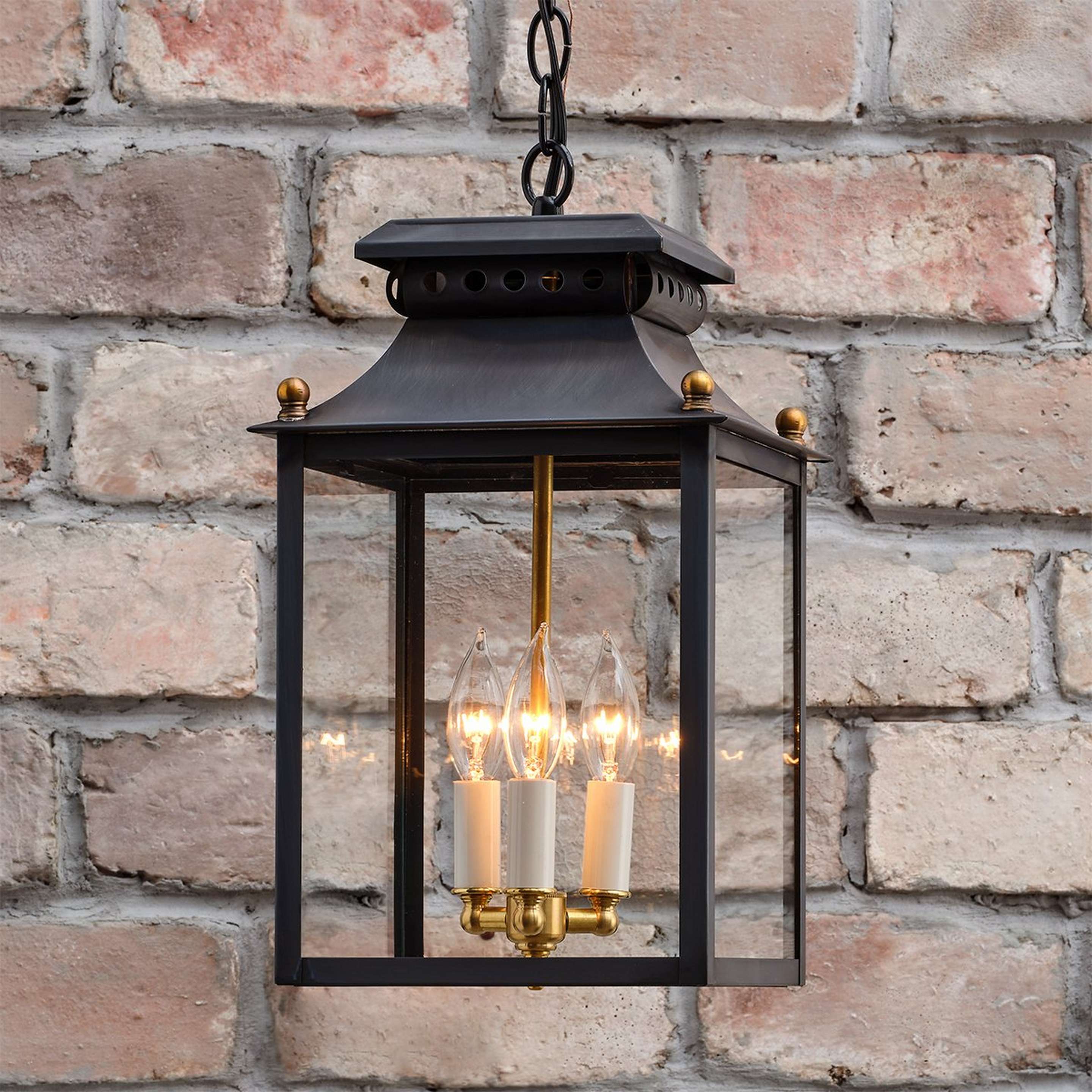 A Colonial Metalcrafts Federal Outdoor Hanging Lantern - Small with Darkened Copper / Clear Glass color