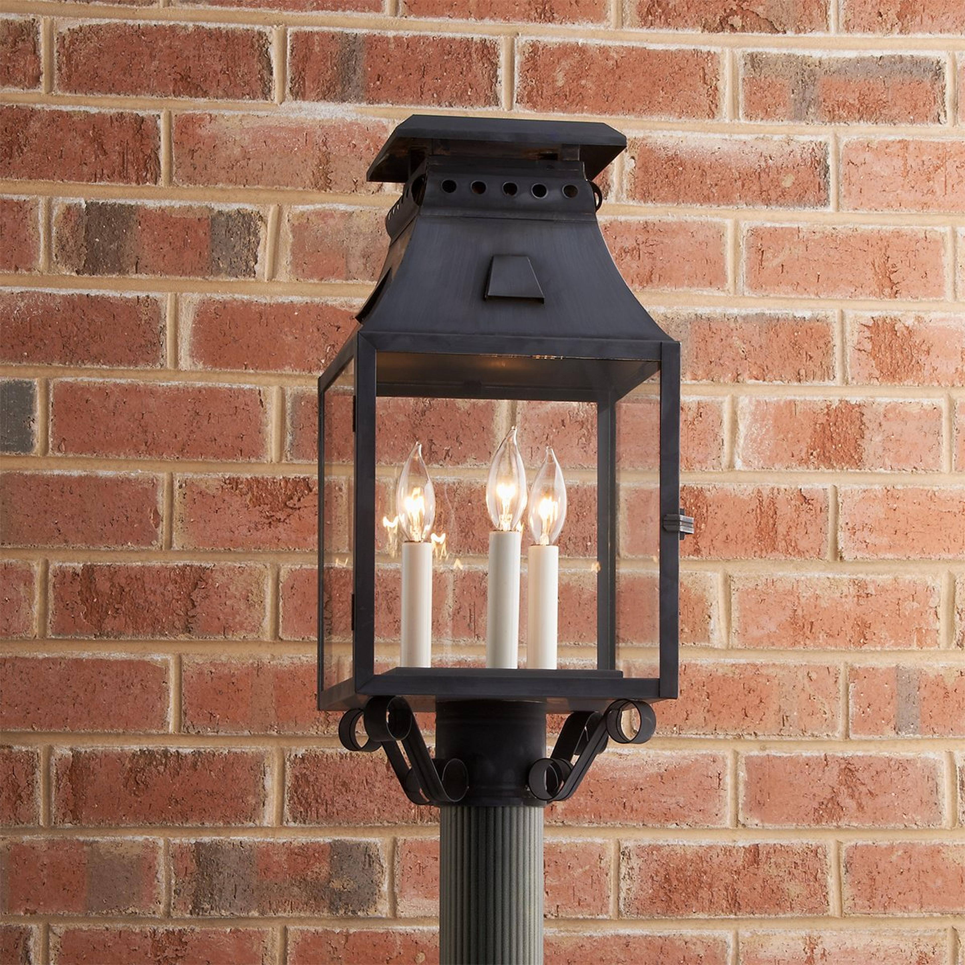 A Colonial Metalcrafts Federal Outdoor Post Light - Tall with Darkened Copper / Clear Glass  color