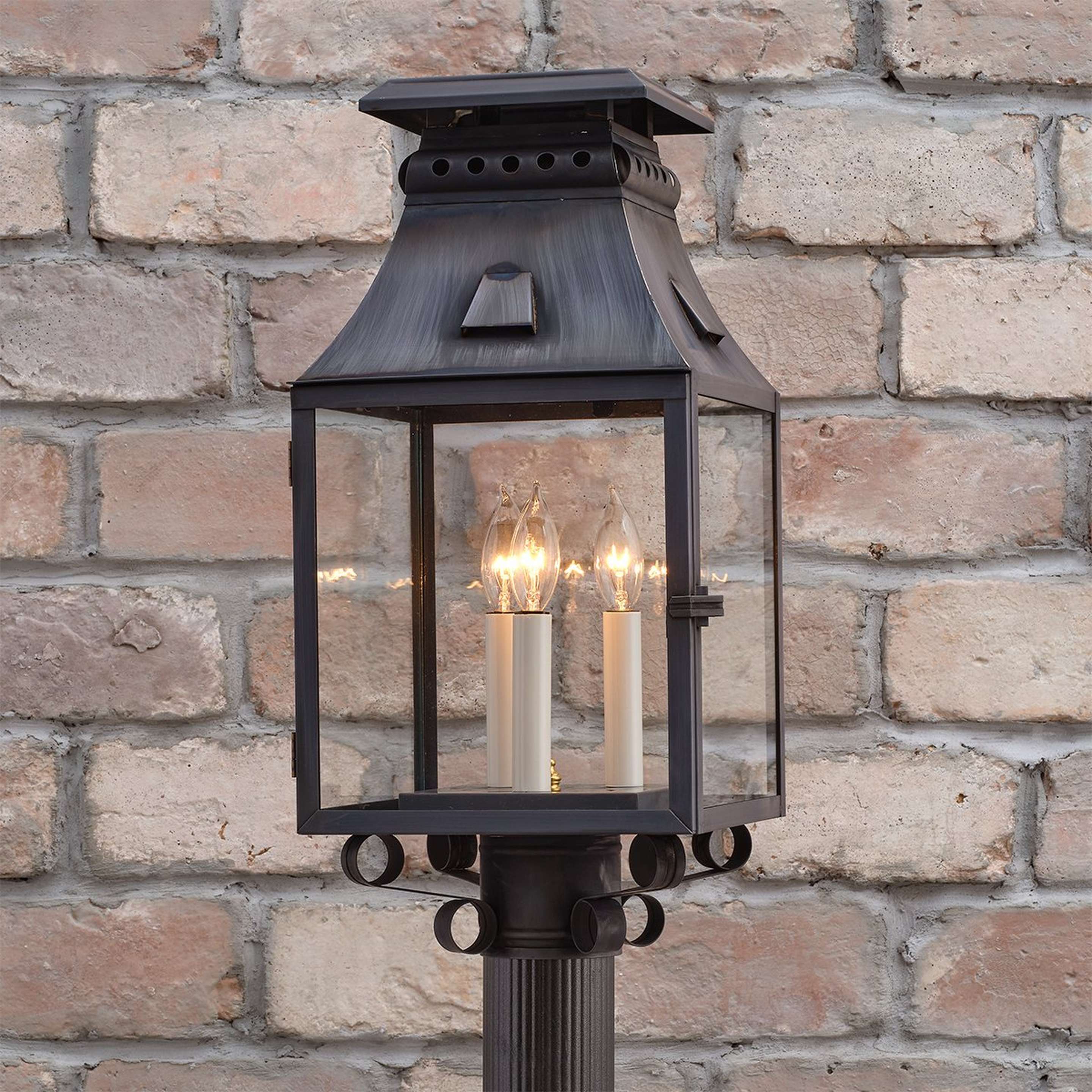 A Colonial Metalcrafts Federal Outdoor Post Light - Tall with Darkened Copper / Clear Glass color
