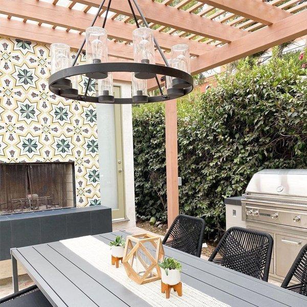 Industrial Indoor/Outdoor Round Chandelier on an outdoor patio
