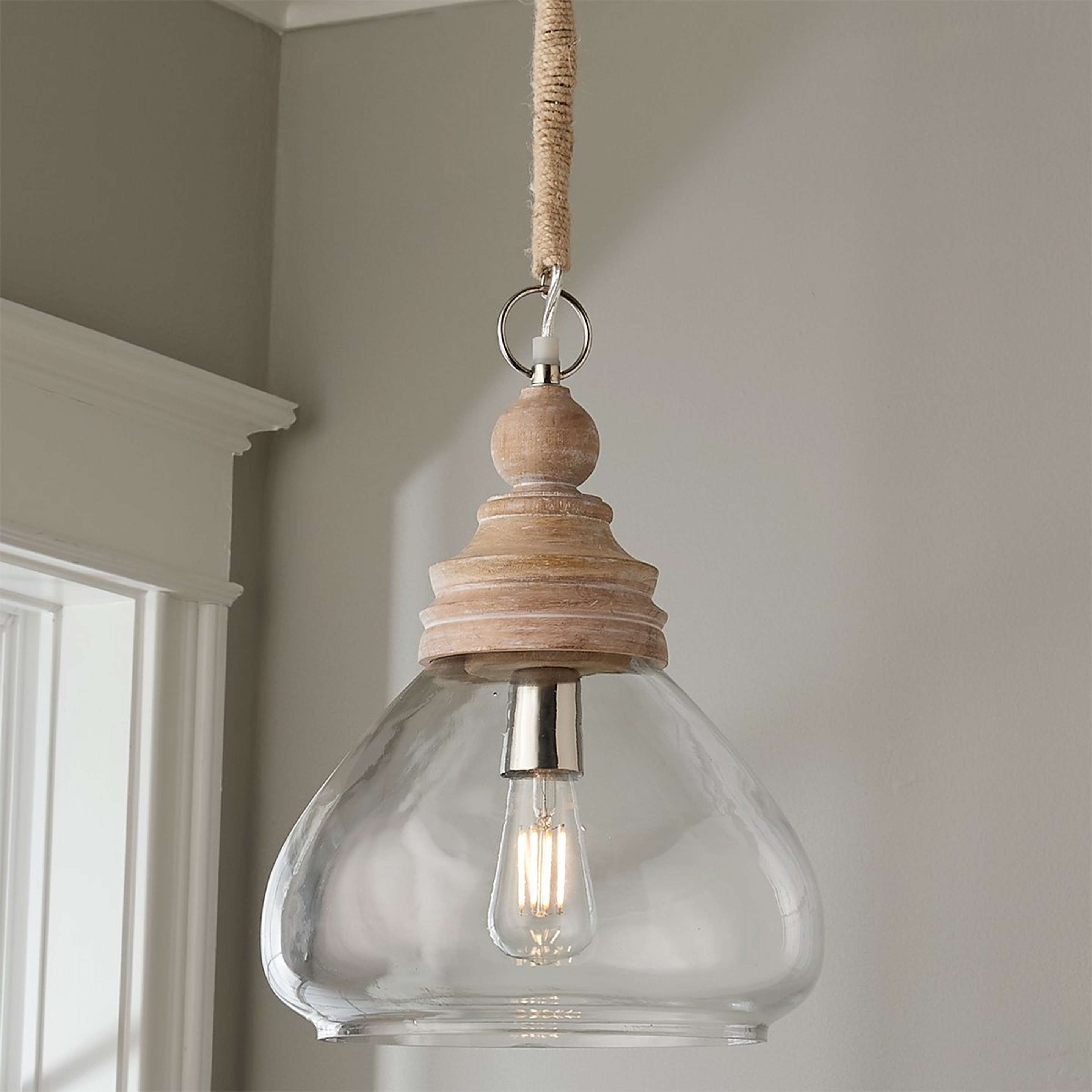 A Pickled Wood and Clear Glass Pendant - Bell Glass with Chrome / Natural Pickled Wood color