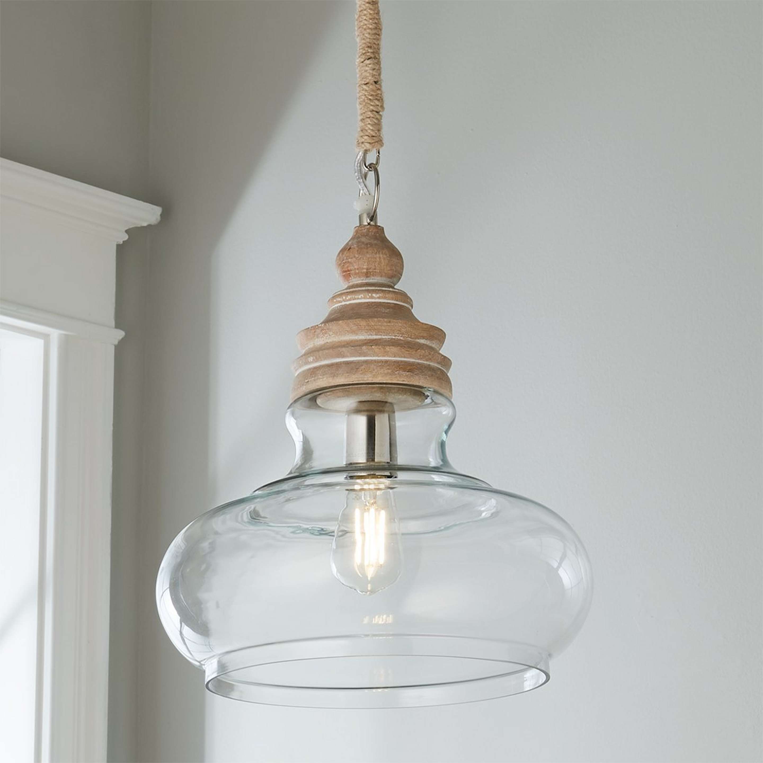 A Pickled Wood and Clear Glass Pendant - Barbour Glass with Chrome / Natural Pickled Wood color