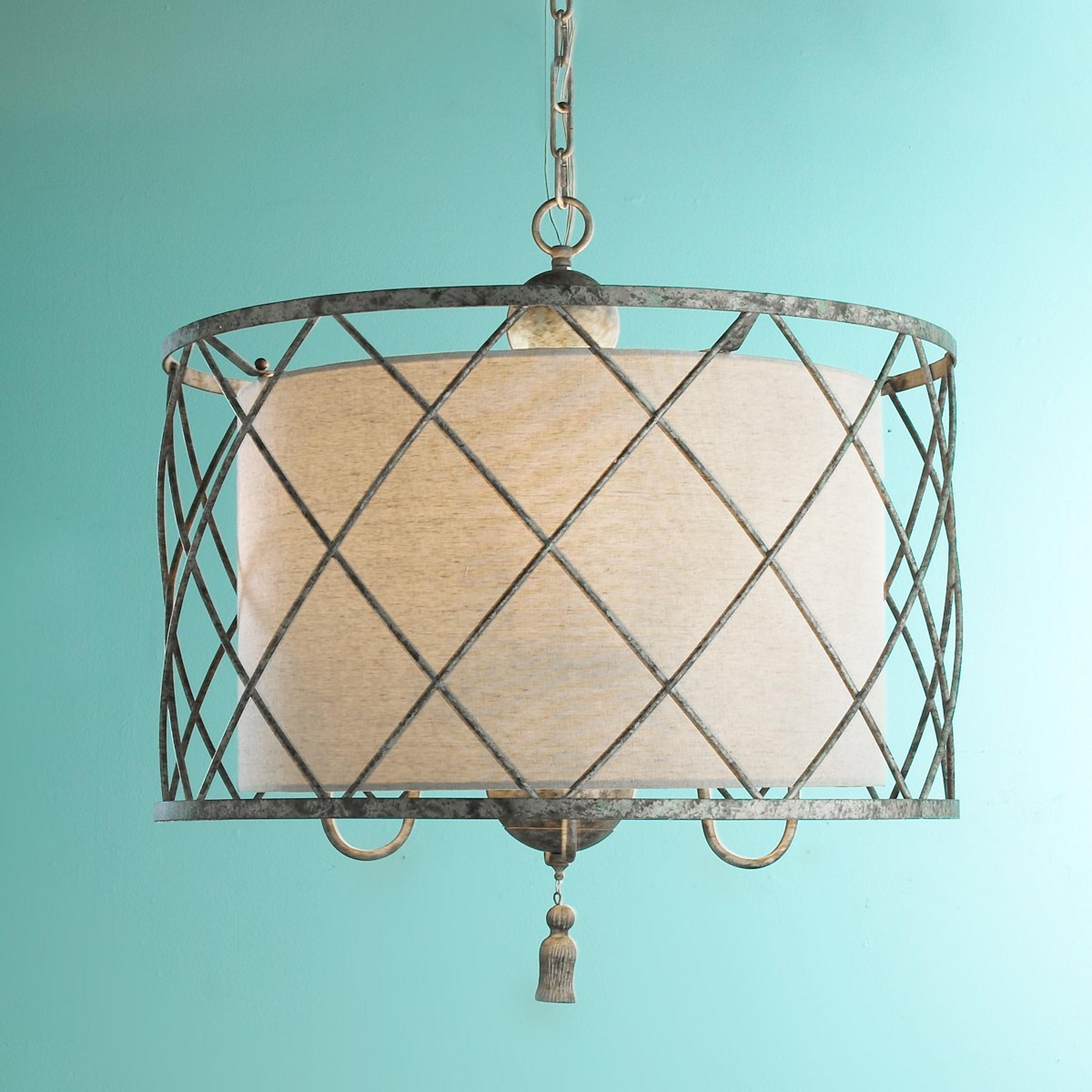 A Metal Lattice Drum with Linen Shade Pendant Light with Gray color