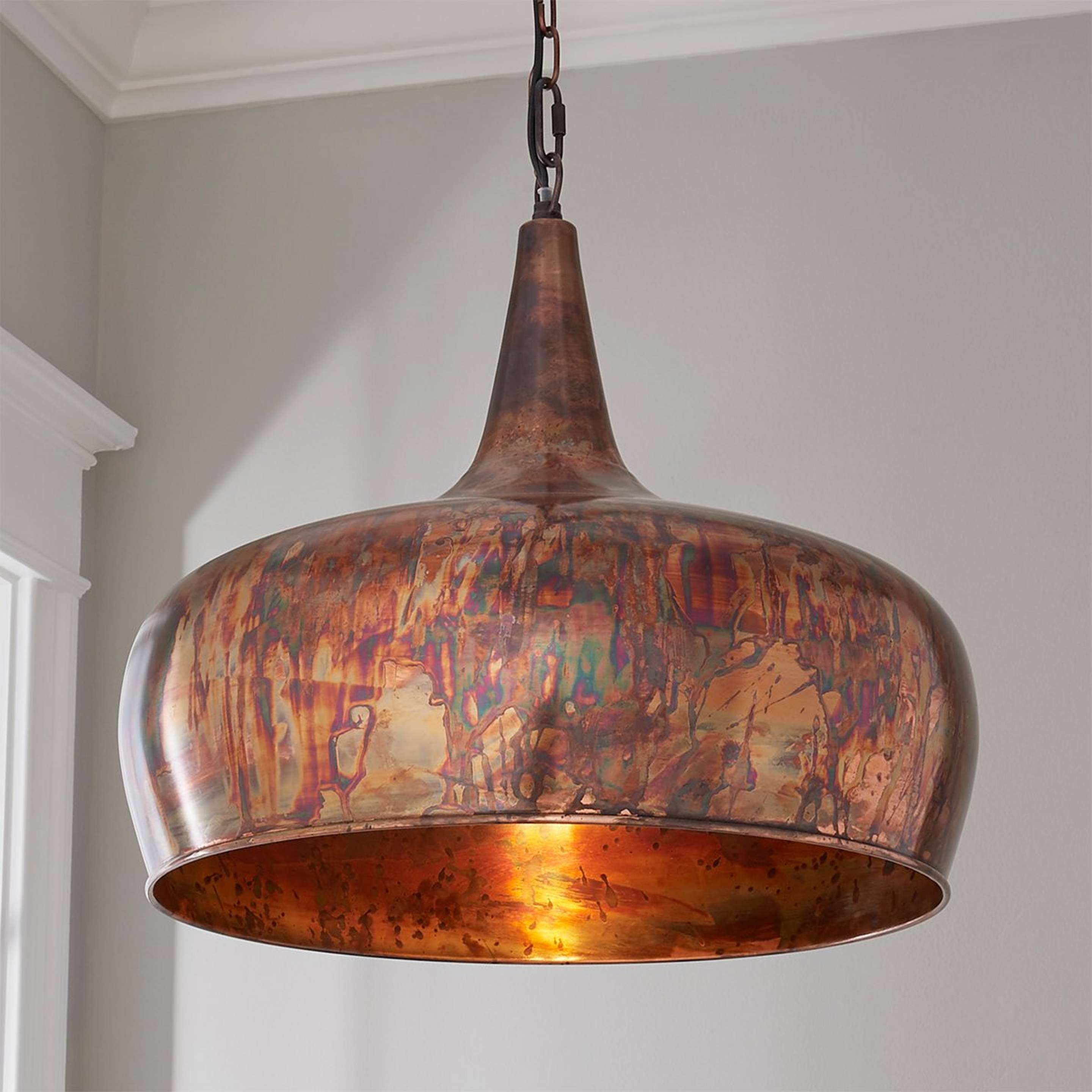 A Copper Onion Dome Pendant with Painted Oxidized Copper color