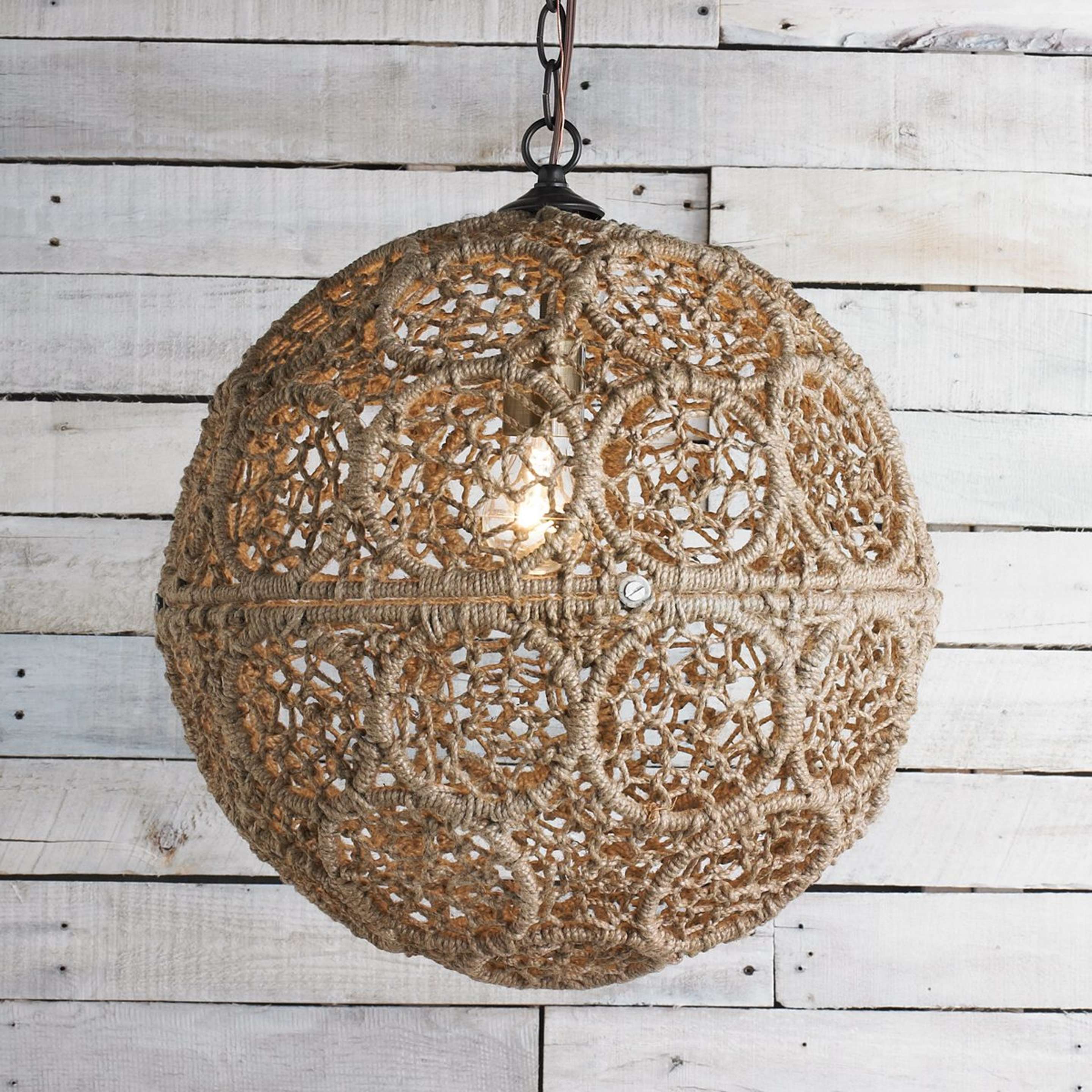 A Macrame Jute Sphere Pendant - Medium with Bronze / Natural color