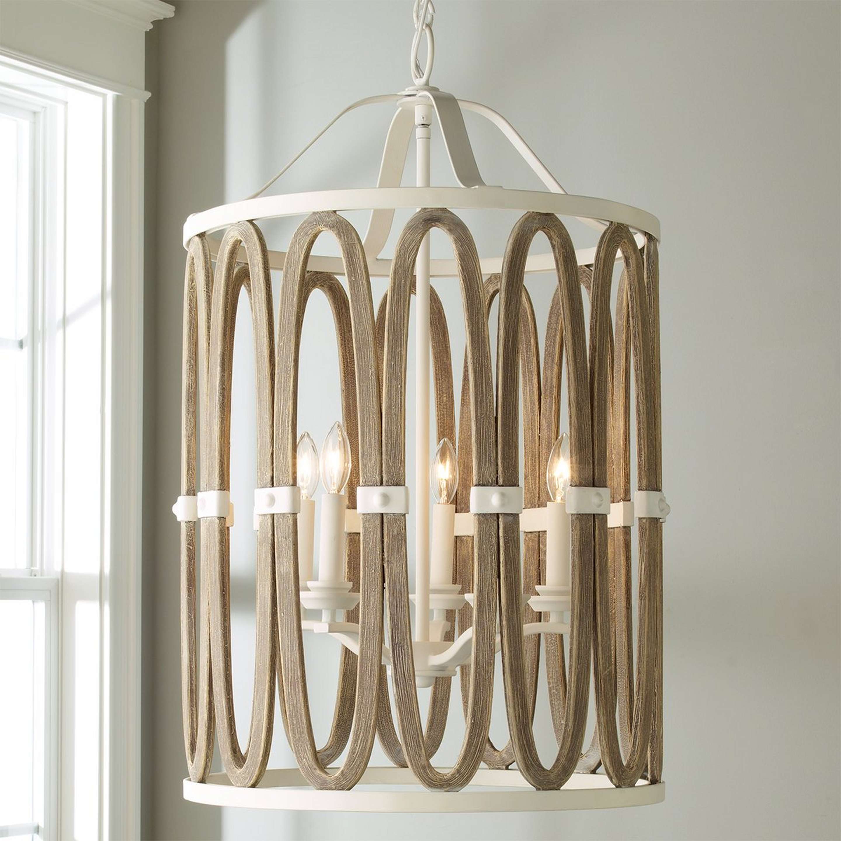 A Driftwood Entwined Ovals Pendant - 5 Light with Classic White / Faux Driftwood color