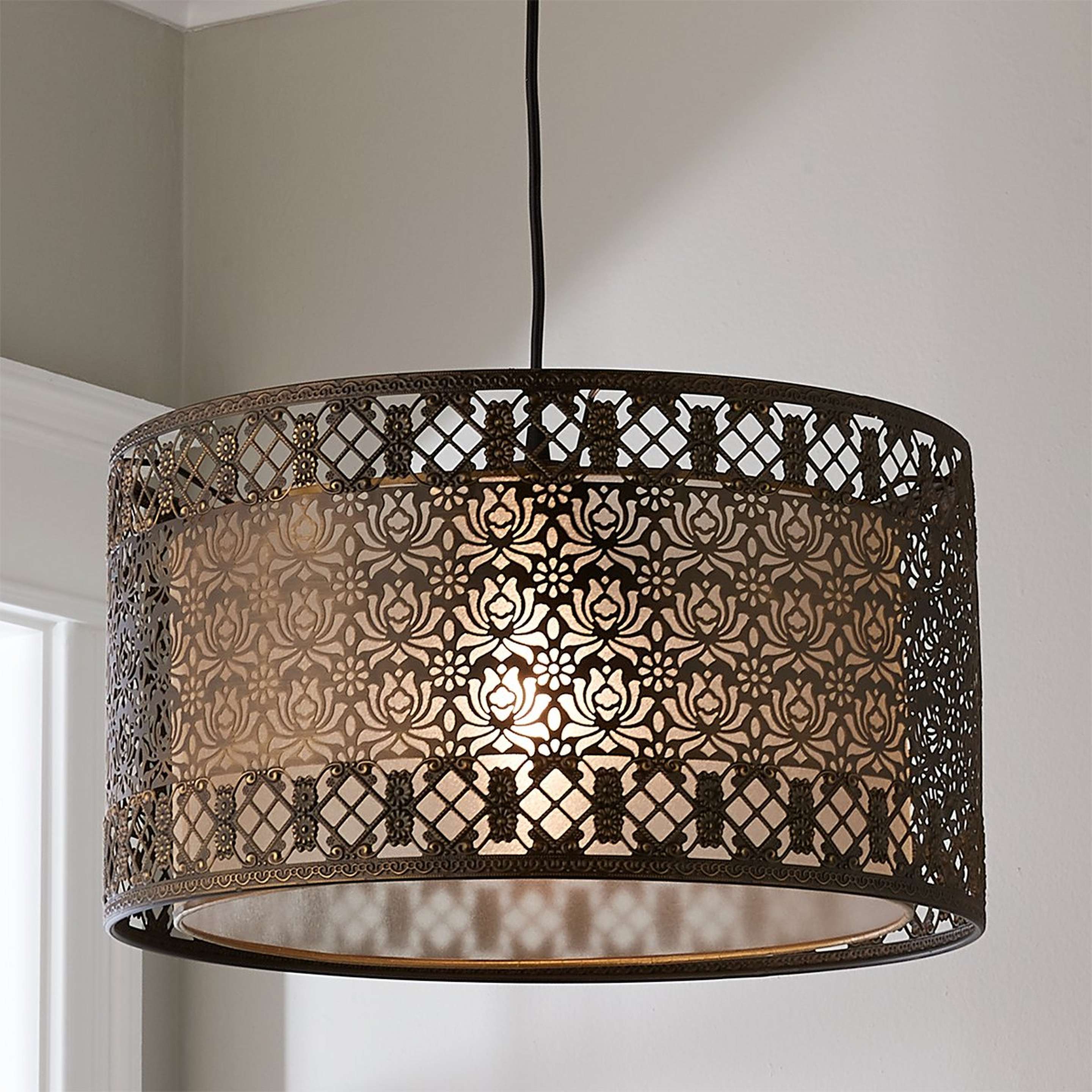 A Filigree Lotus Metal Shade Pendant with Bronze / Aged Brass color
