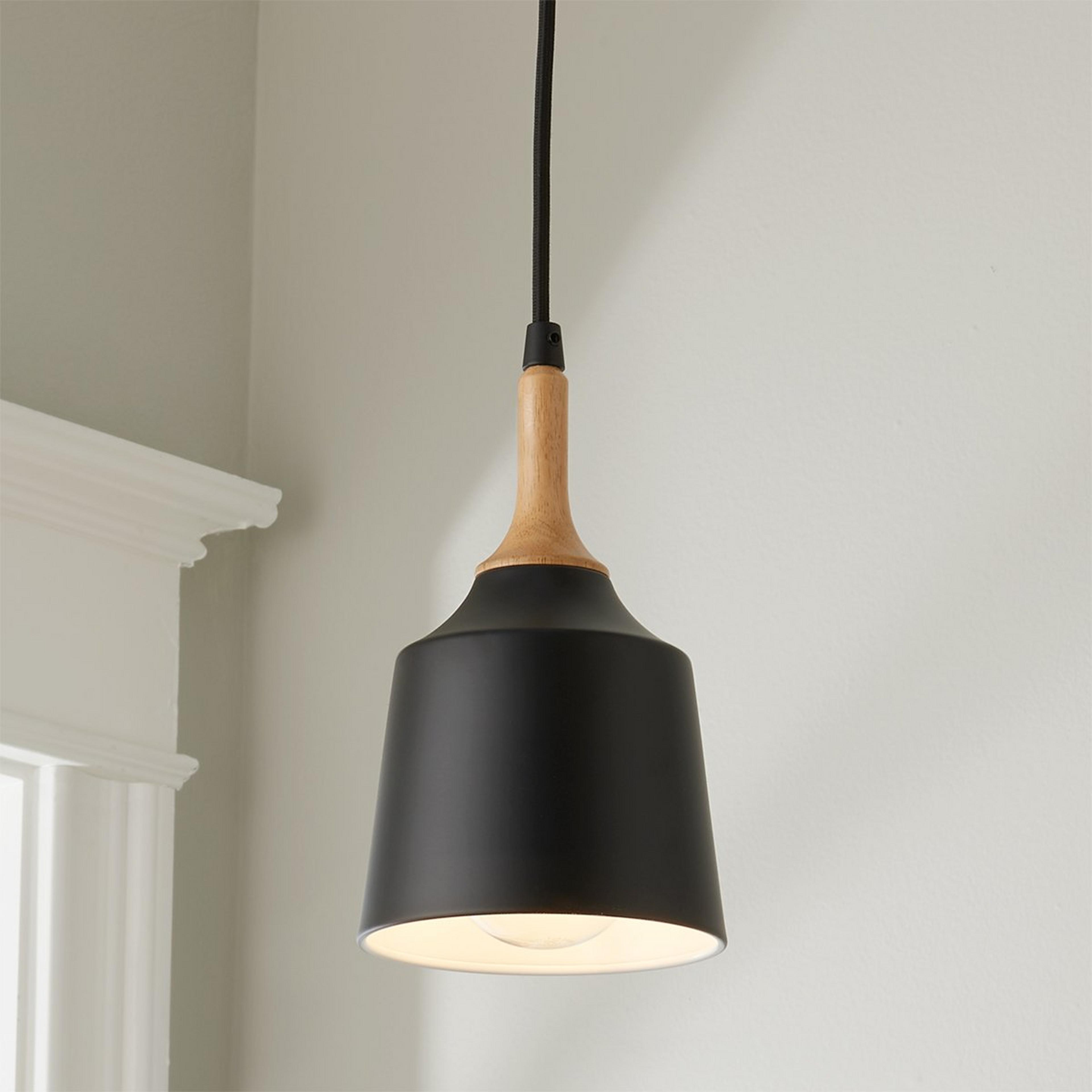 A Metal and Natural Wood Mini Pendant with Black / Natural Wood color